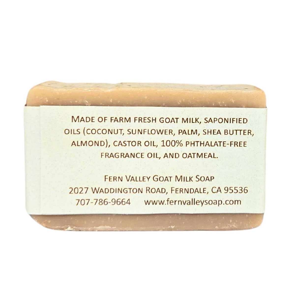 Fern Valley Goat Milk Soap with oatmeal and honey, exfoliating scrub bar showing textured oatmeal and honey ingredients.