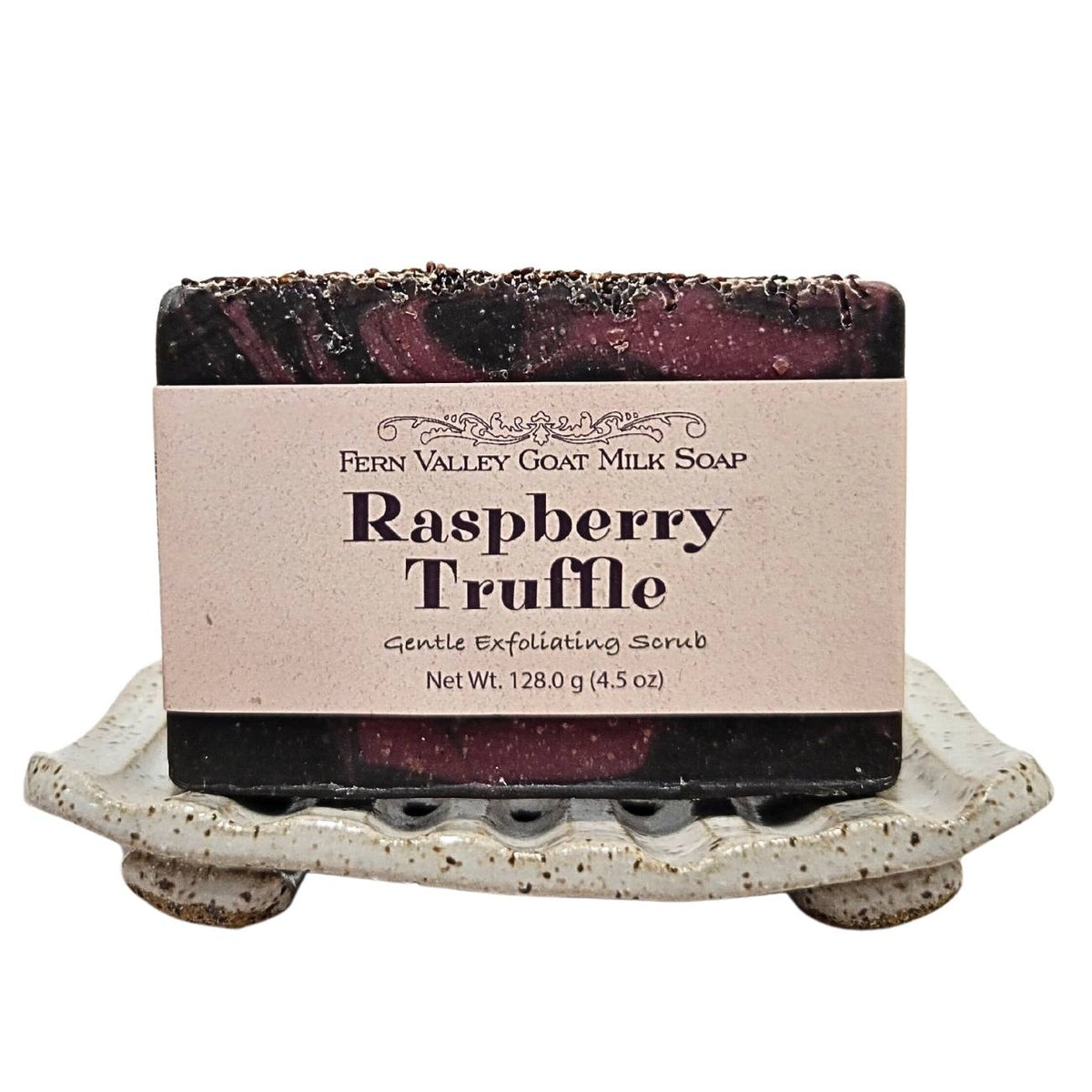 Fern Valley Goat Milk Soap with raspberry truffle exfoliating scrub, showcasing the creamy soap with raspberry and truffle accents.