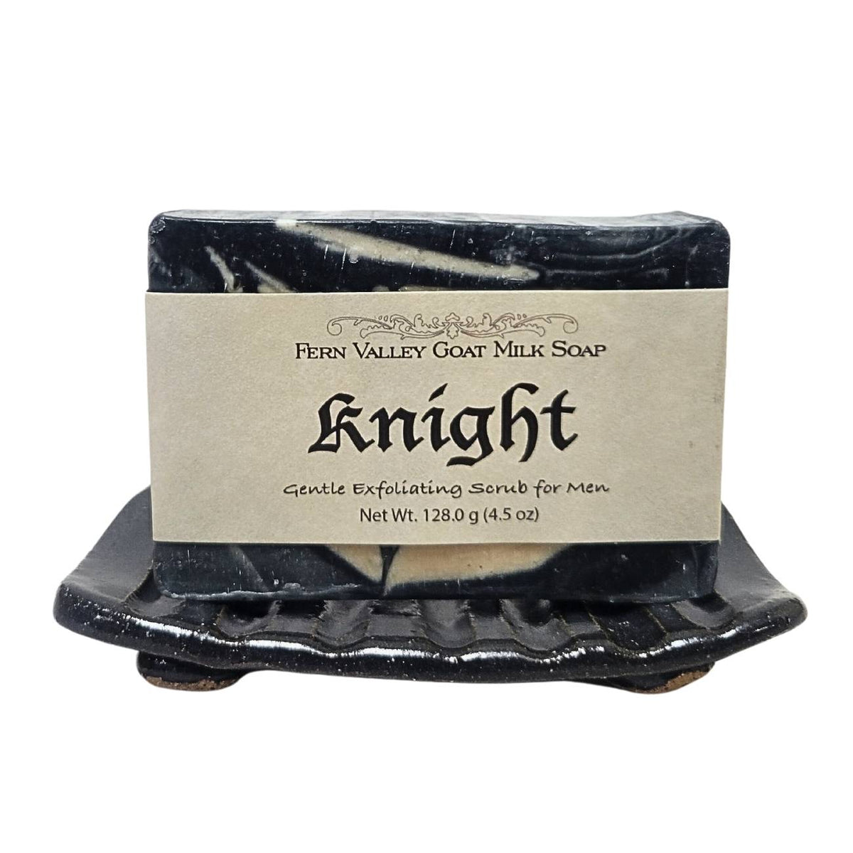 Fern Valley Soap Knight men's exfoliating goat milk soap bar with natural ingredients and textured surface for gentle scrubbing.