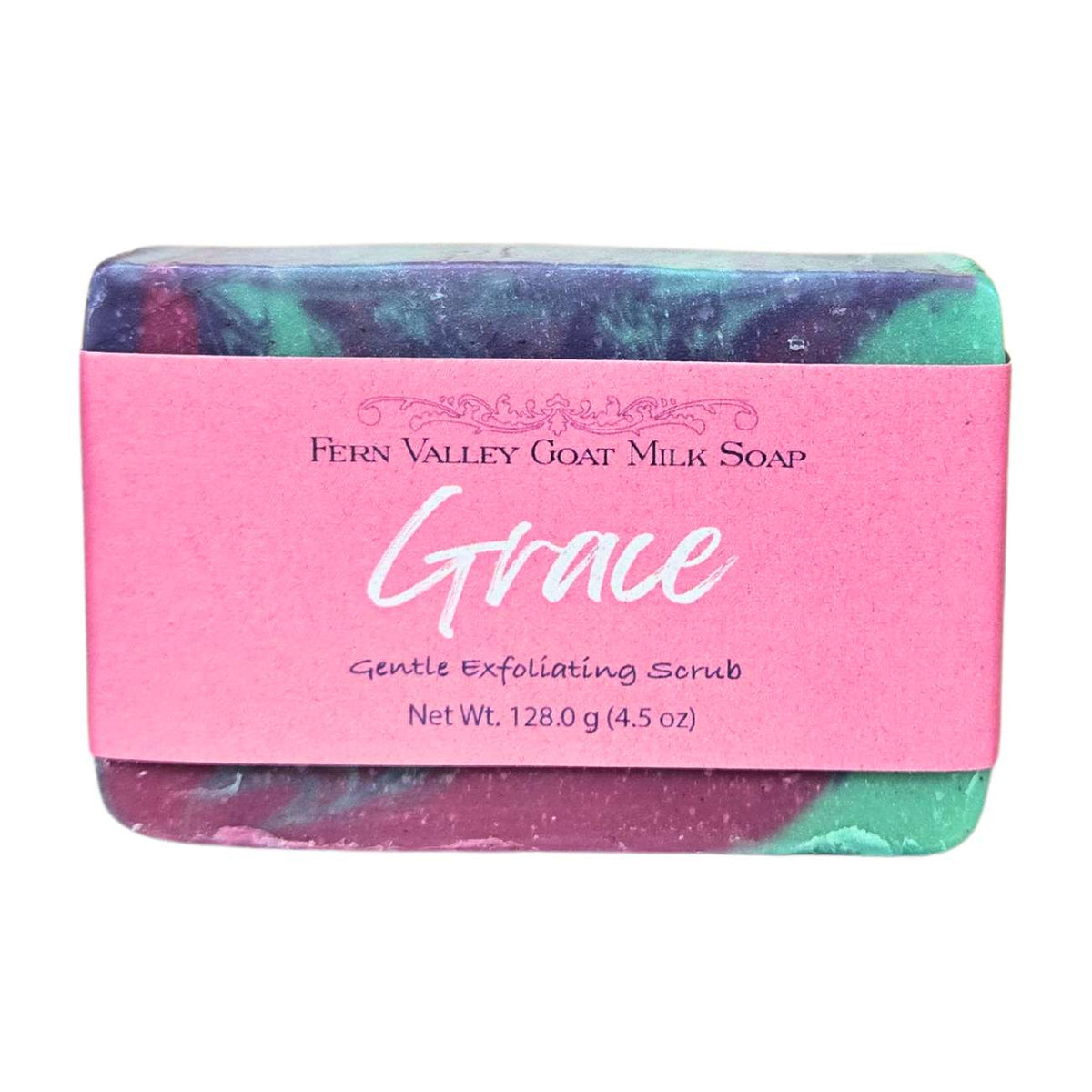 Fresh floral-scented Fern Valley Soap goat milk soap bar labeled Grace, with a natural appearance and floral packaging design.