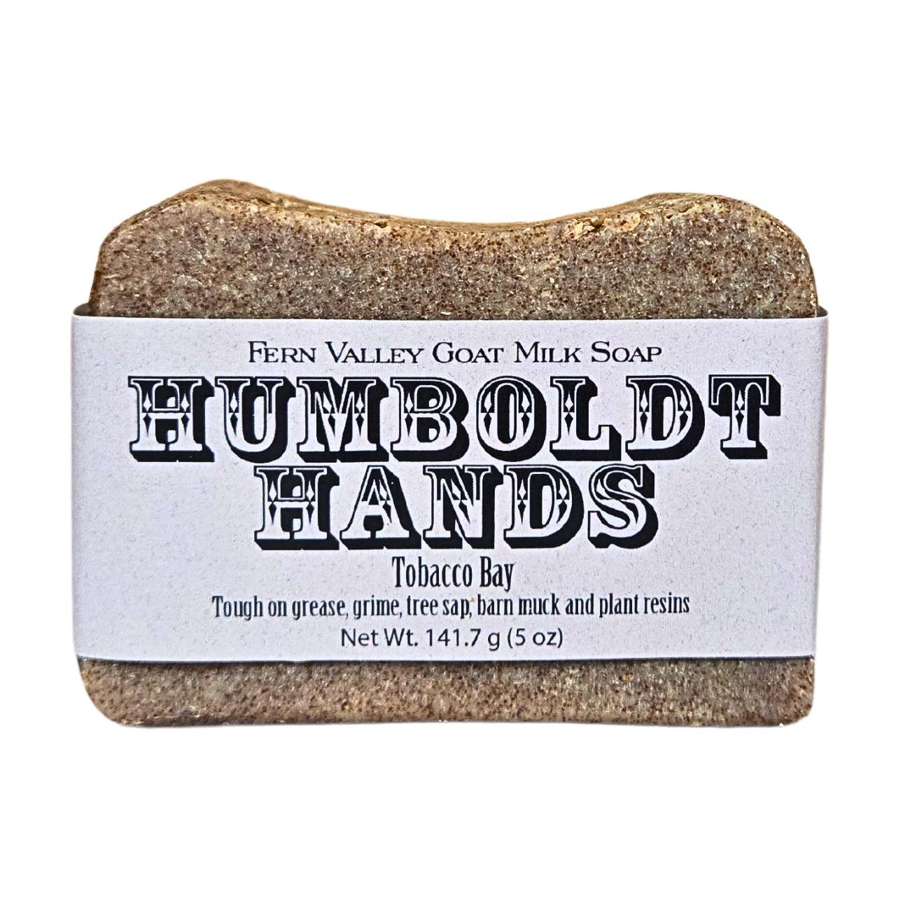 Fern Valley Soap Natural Goat Milk Soap for heavy-duty hand cleaning, labeled Tobacco Bay with a rustic packaging design.