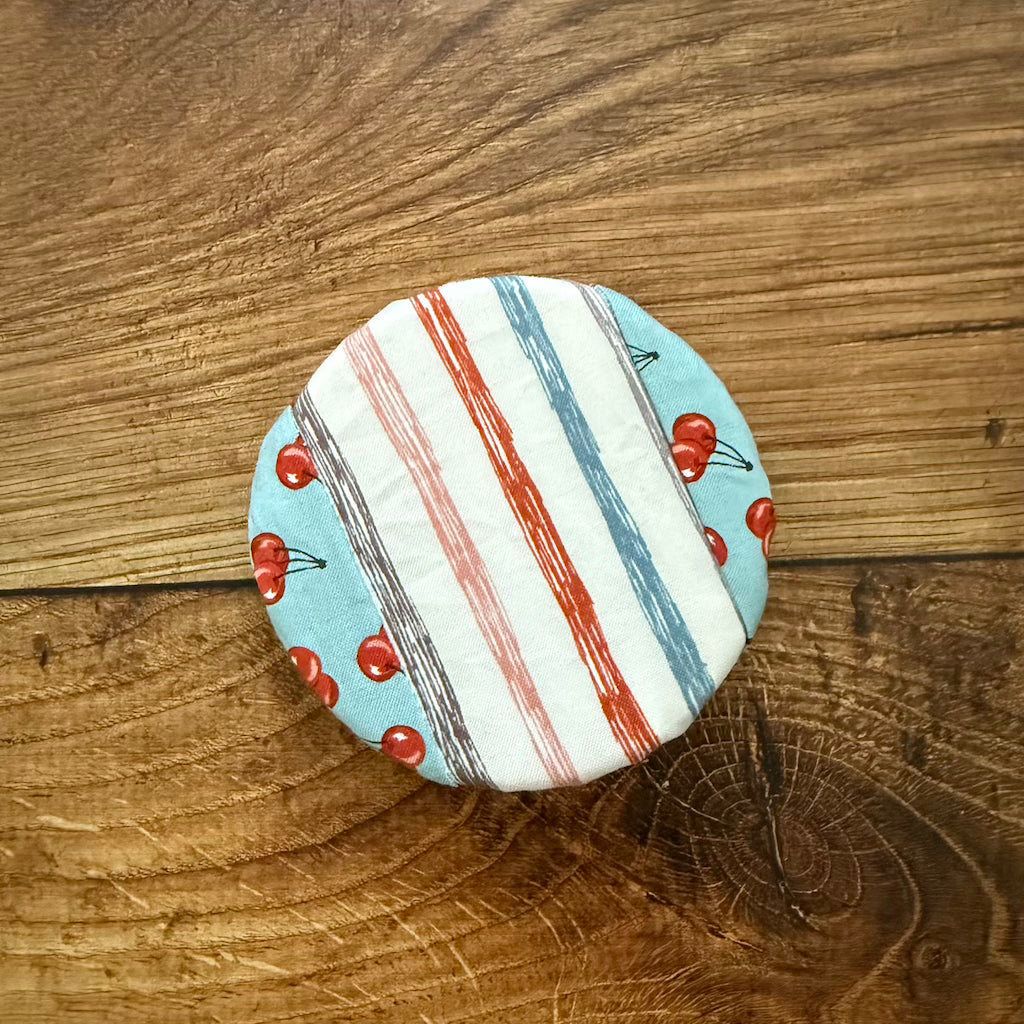 Five Oaks Farm autumn mushroom jar covers featuring tiny mushroom designs, perfect for preserving jars.