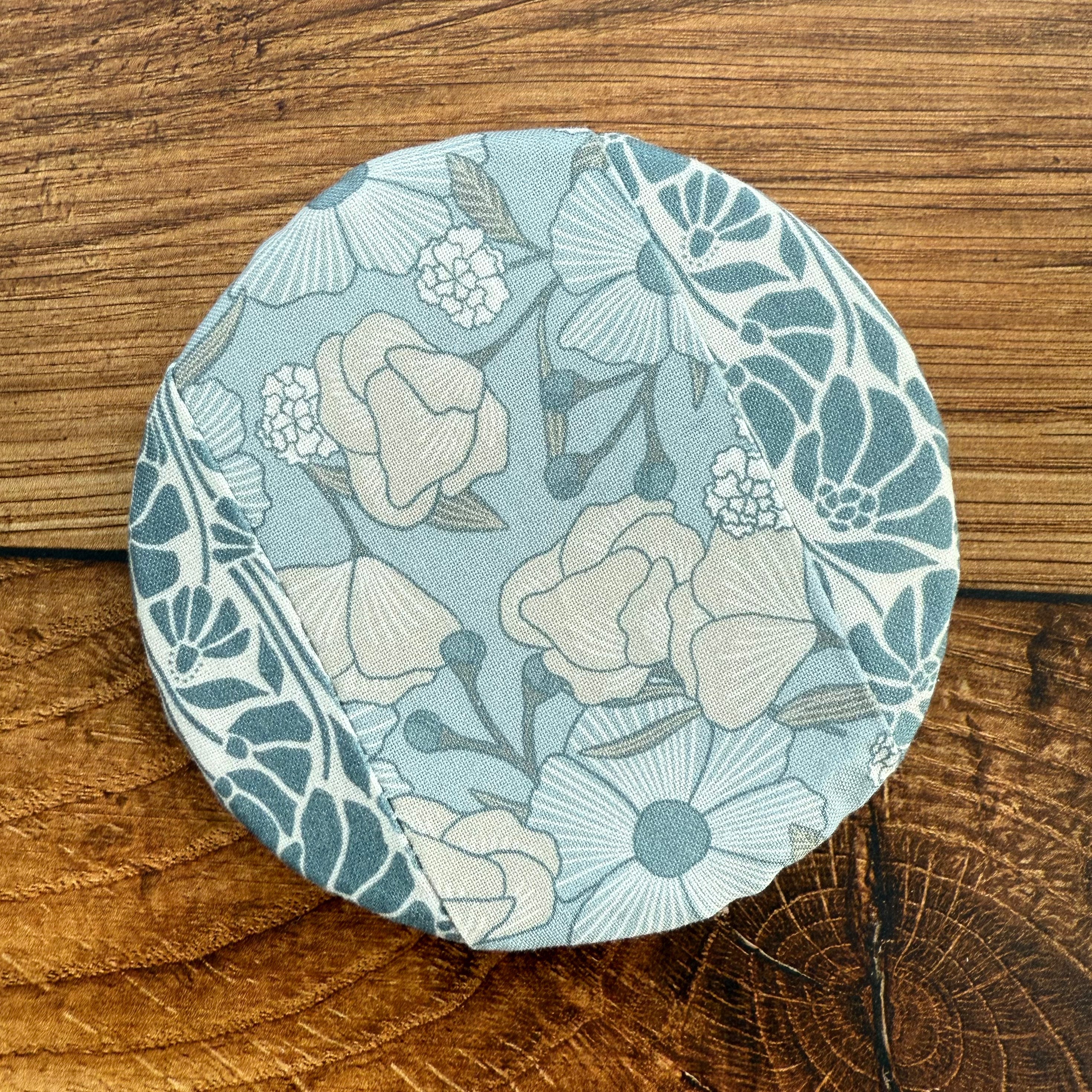 Tiny mushroom jar covers from Five Oaks Farm's From the Farm collection, featuring autumn-themed mushroom designs on natural fabric.