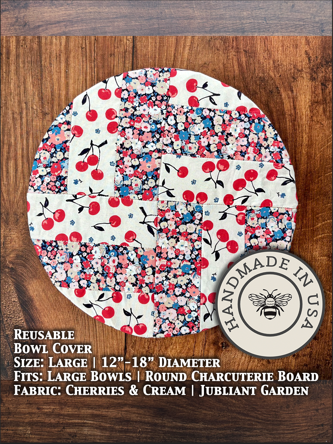 Large bowl covers from Five Oaks Farm featuring cherries and cream design, perfect for protecting fresh produce.