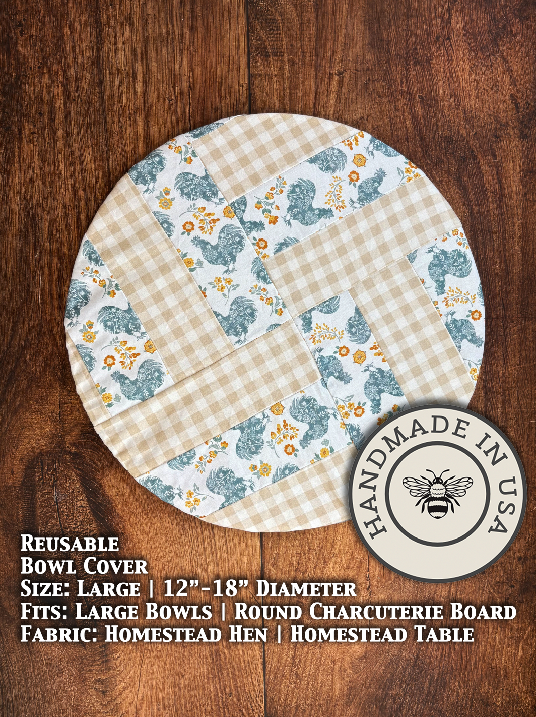Large farm-style bowl covers from Five Oaks Farm, perfect for protecting homestead dishes and tableware.