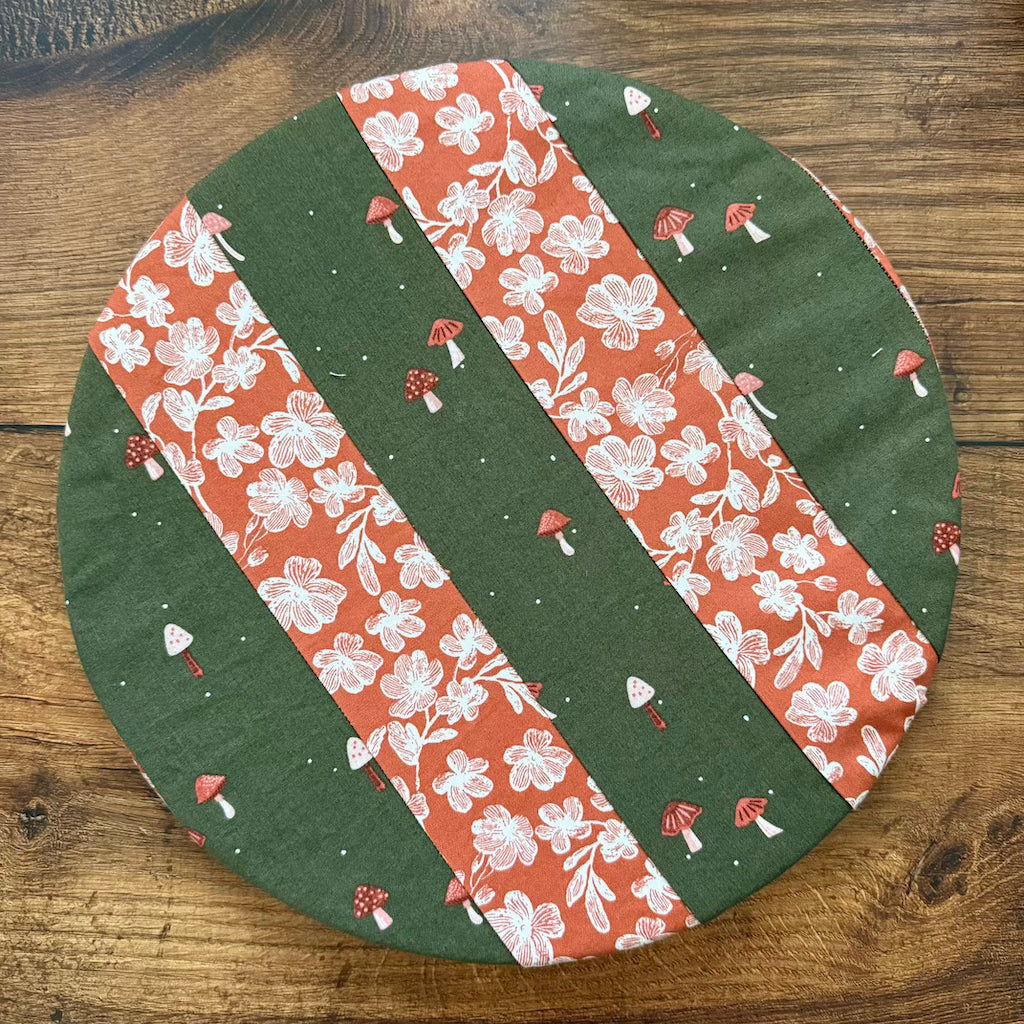 Medium bowl and banneton covers from Five Oaks Farm, featuring autumn mushroom and tiny mushroom designs for bread proofing.