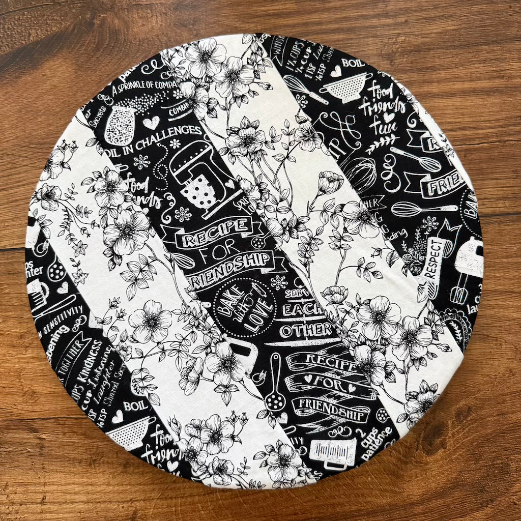 Medium ceramic bowl and banneton covers from Five Oaks Farm, featuring autumn mushroom design for baking and bread proofing.