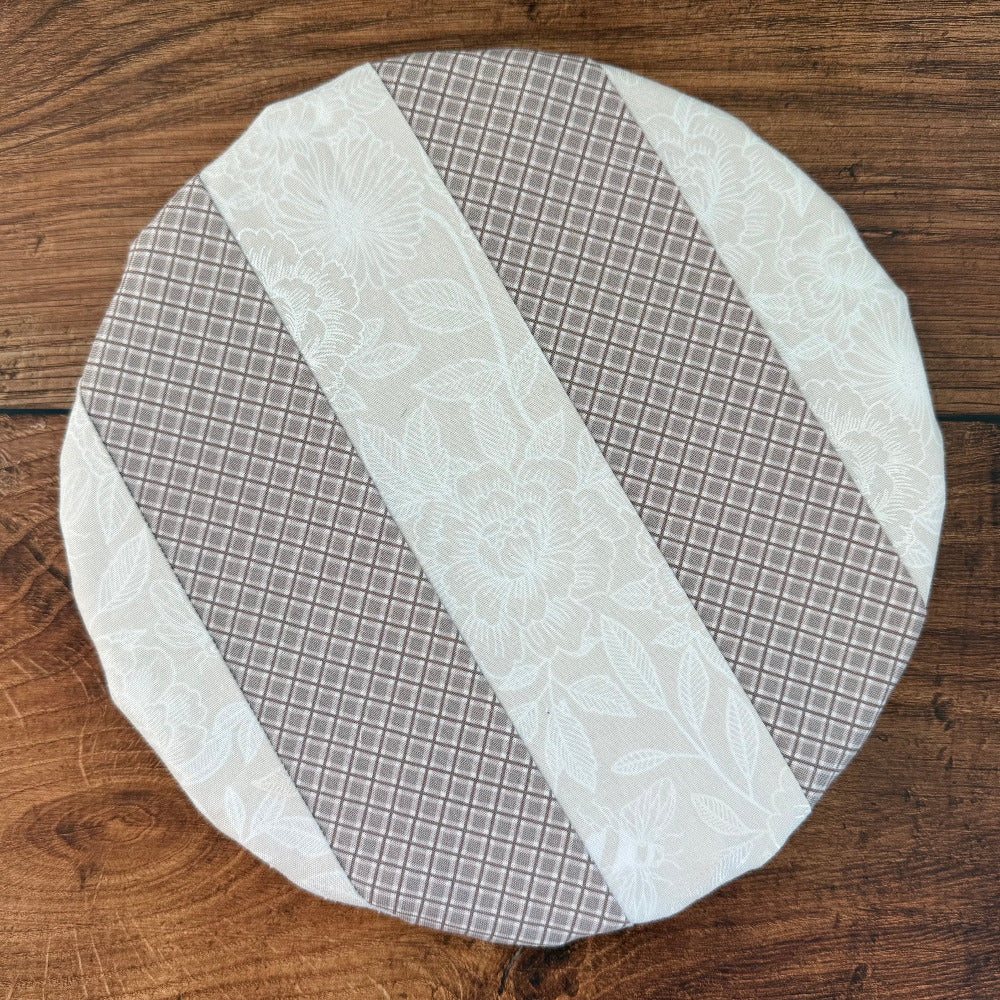 Medium bowl and banneton covers from Five Oaks Farm with autumn mushroom design, perfect for bread proofing and baking.