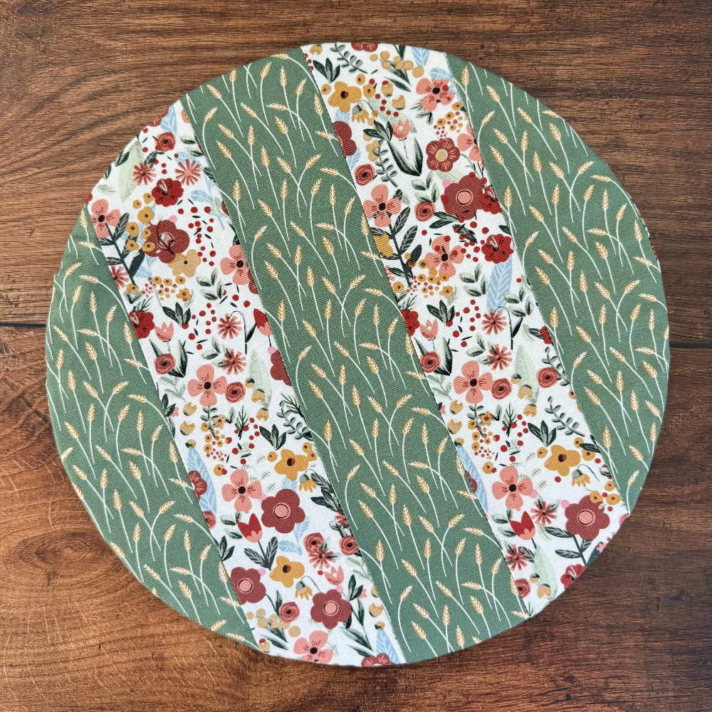 Medium bowl and banneton covers from Five Oaks Farm, featuring autumn mushroom and tiny mushroom designs for bread baking.