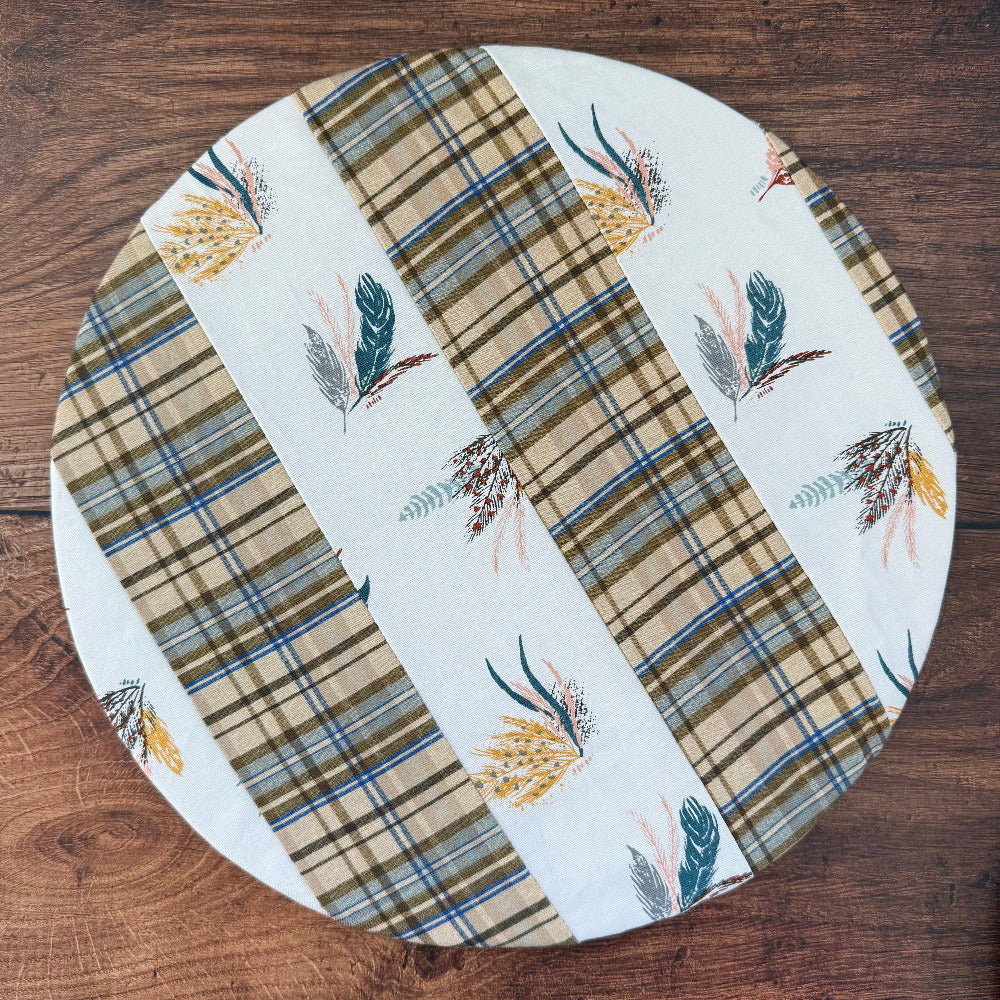 Medium bowl and banneton covers from Five Oaks Farm with autumn mushroom design for bread proofing and storage.
