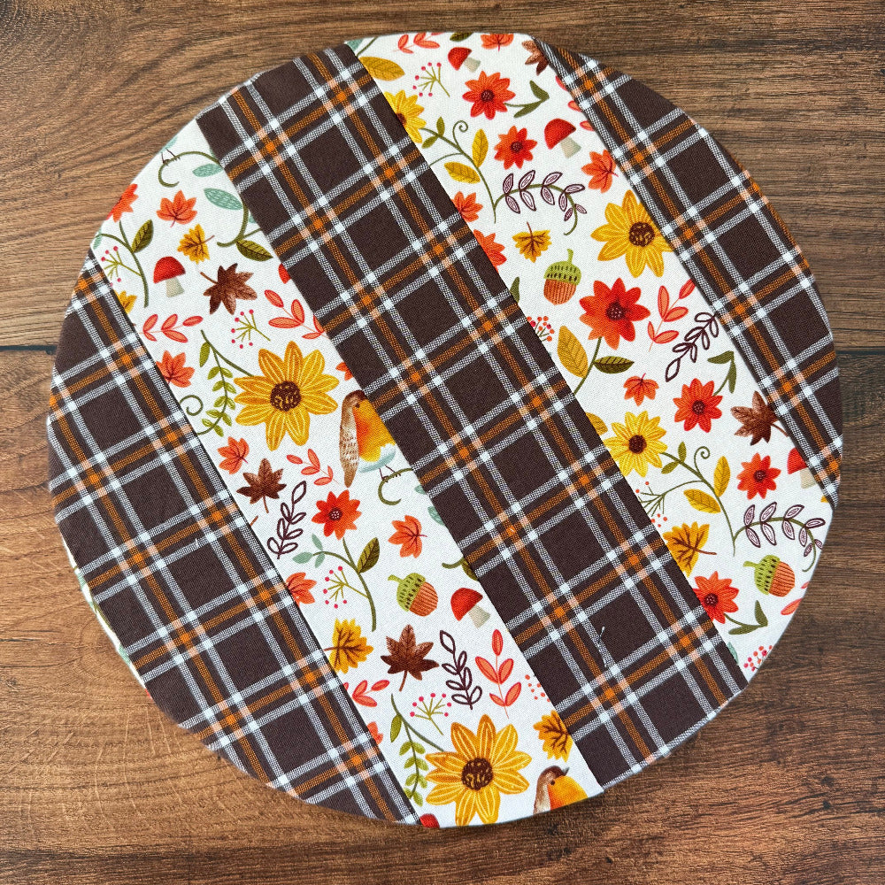 Medium bowl and banneton covers from Five Oaks Farm, featuring autumn mushroom and tiny mushroom designs.