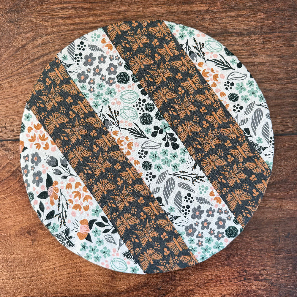 Medium mushroom-shaped bowl and banneton covers from Five Oaks Farm, featuring autumn mushroom designs, perfect for baking and serving.