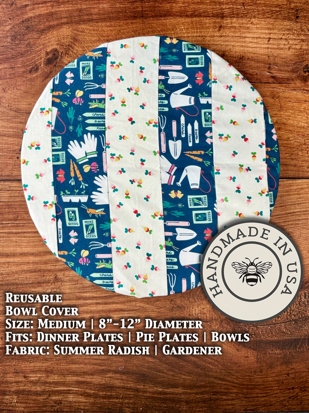 Medium bowl and banneton covers from Five Oaks Farm, featuring a summer radish garden scene.