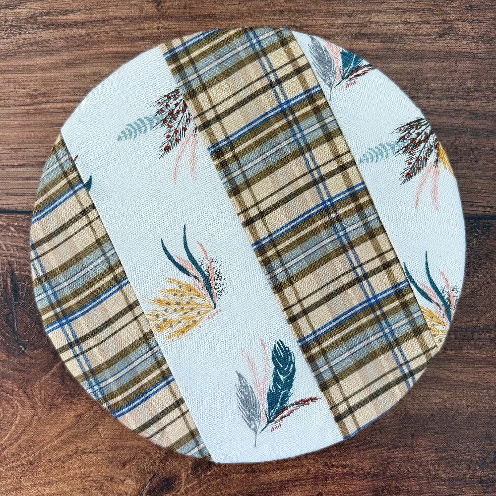 Small bowl and banneton covers from Five Oaks Farm, featuring autumn mushroom and tiny mushroom designs, for baking and bread proofing.