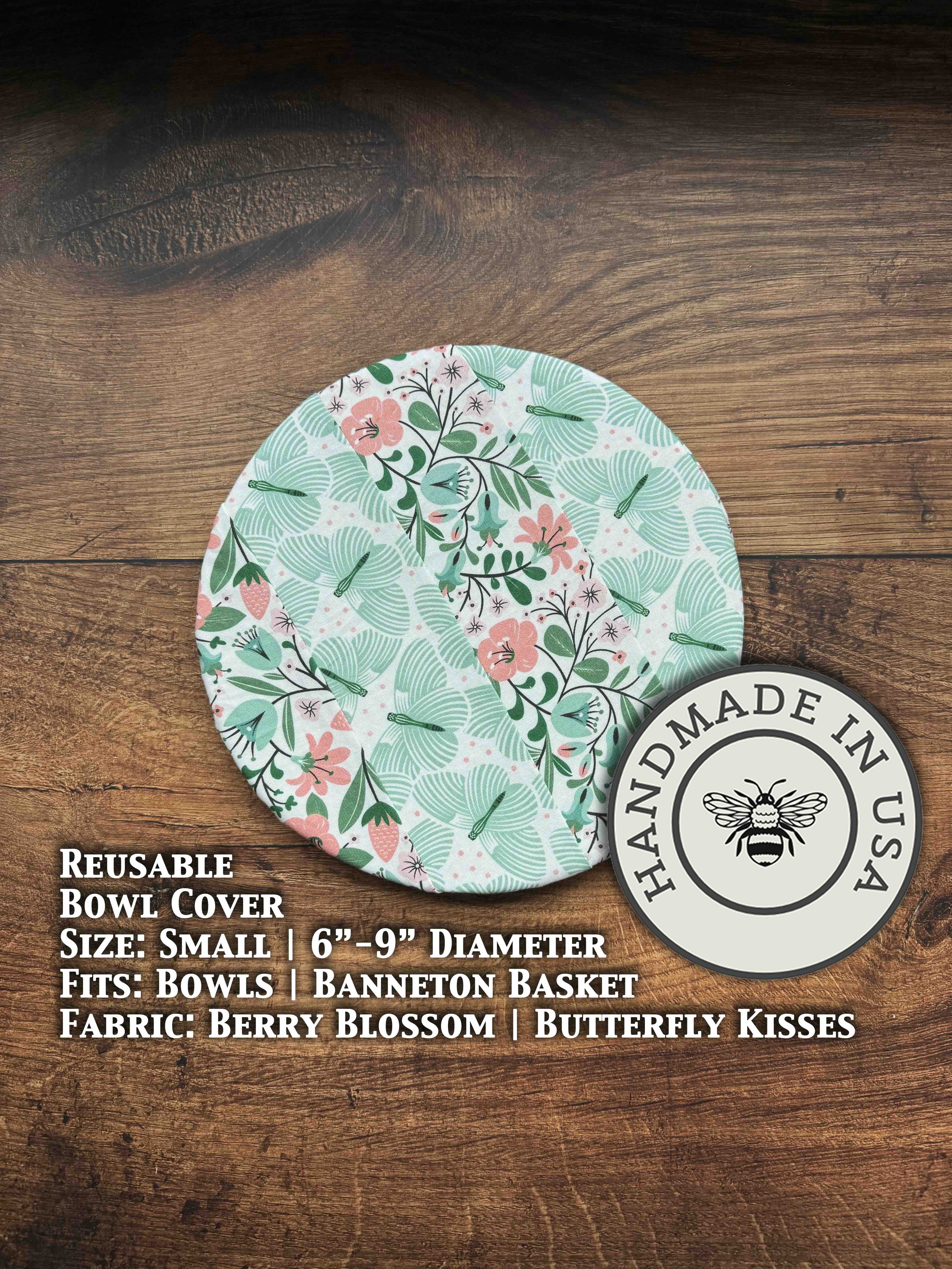 Small ceramic bowl and banneton covers from Five Oaks Farm, featuring autumn mushroom and tiny mushroom designs.