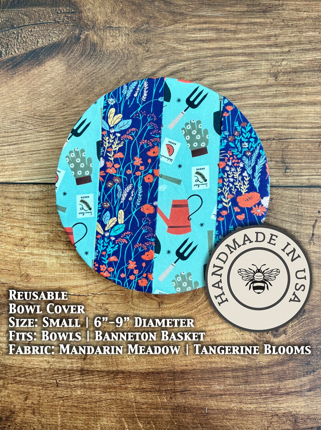 Small bowl and banneton covers from Five Oaks Farm, featuring moon meadow gardener design on rustic fabric.