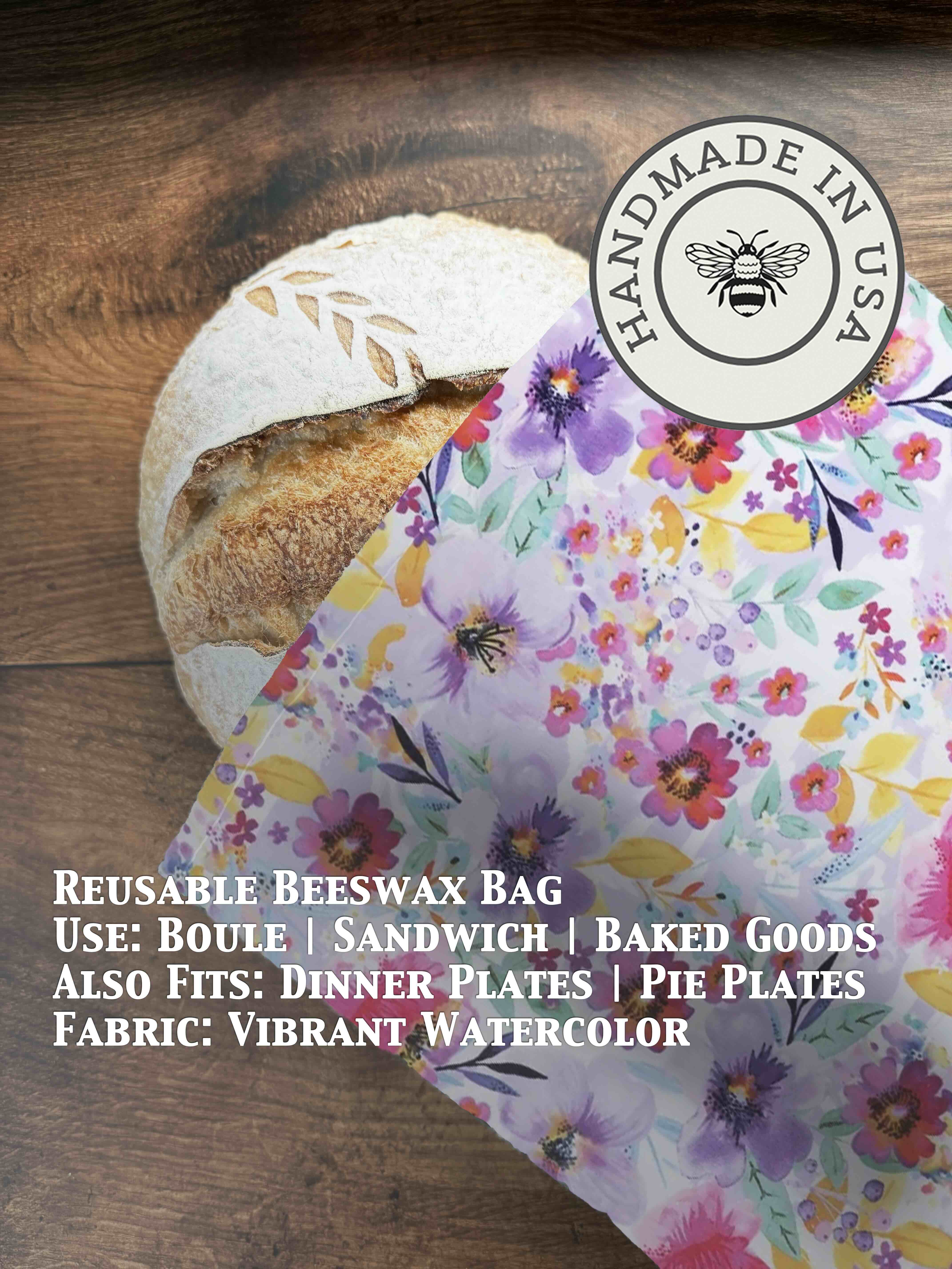Beeswaxed bread bag from Five Oaks Farm, eco-friendly fabric with green beeswax coating for fresh bread storage.
