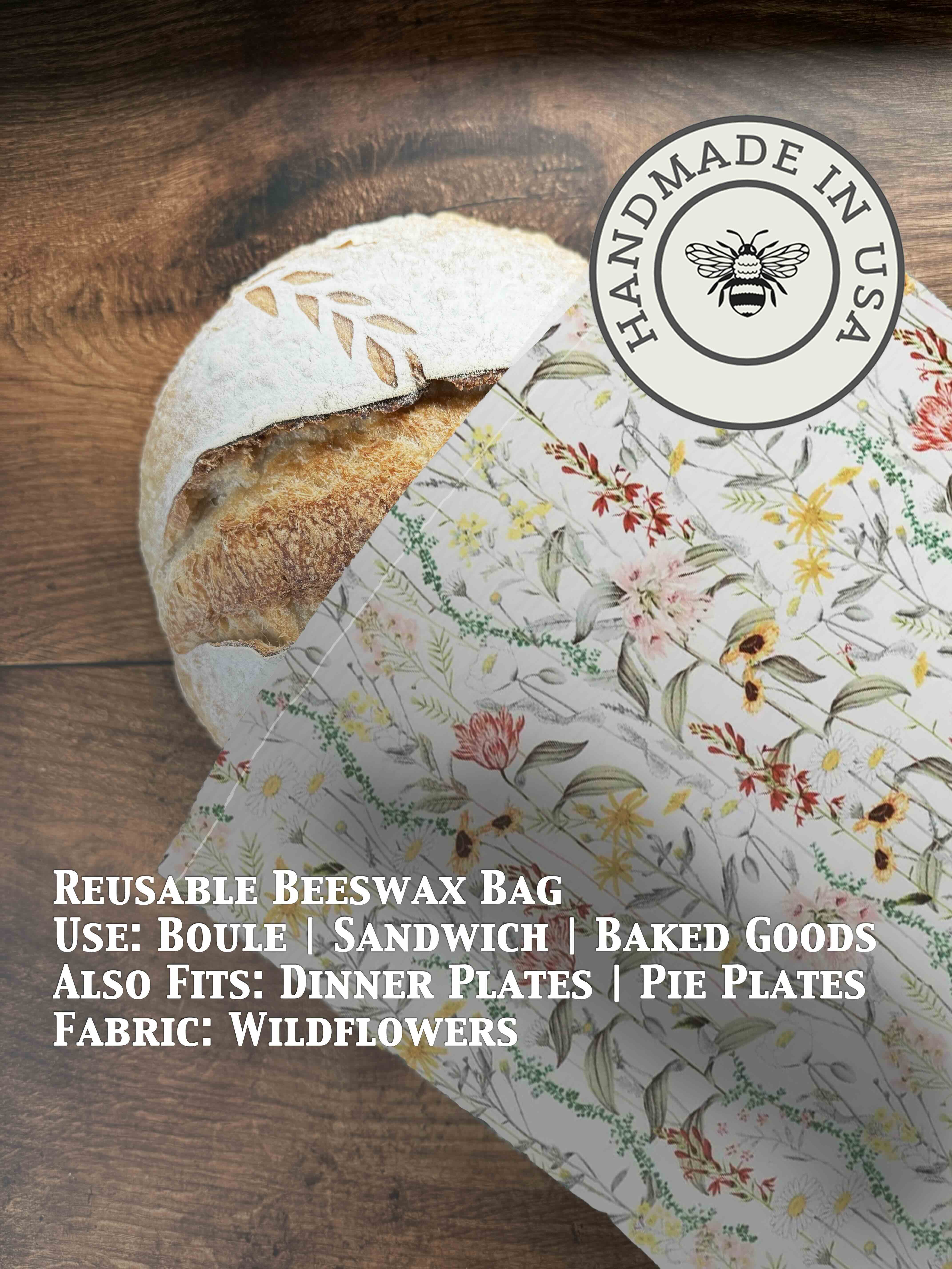 Beeswaxed bread bag from Five Oaks Farm, eco-friendly fabric with green beeswax coating for storing fresh bread.