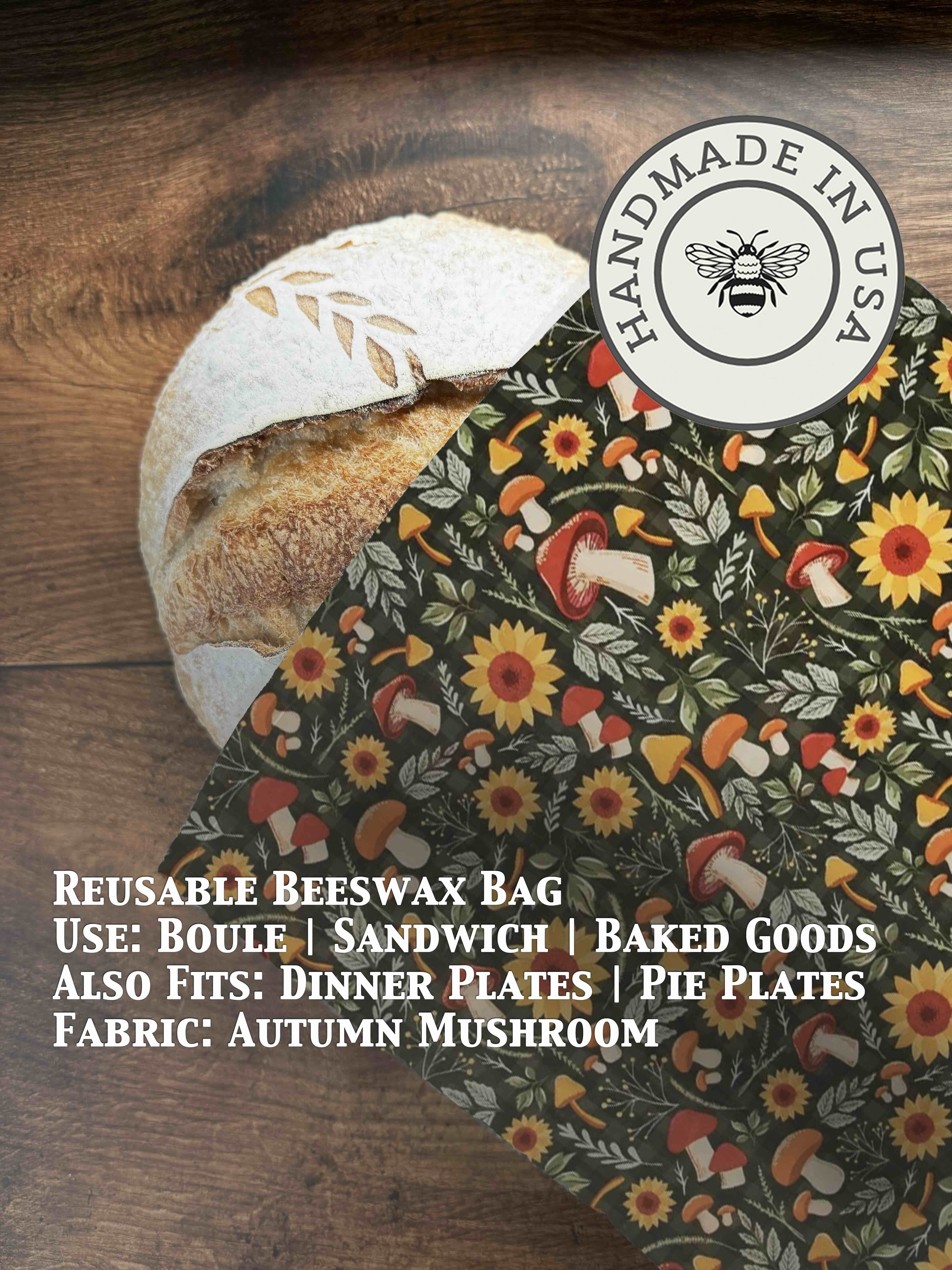 Green beeswaxed bread bag from Five Oaks Farm, natural fabric with beeswax coating, designed for storing bread securely.