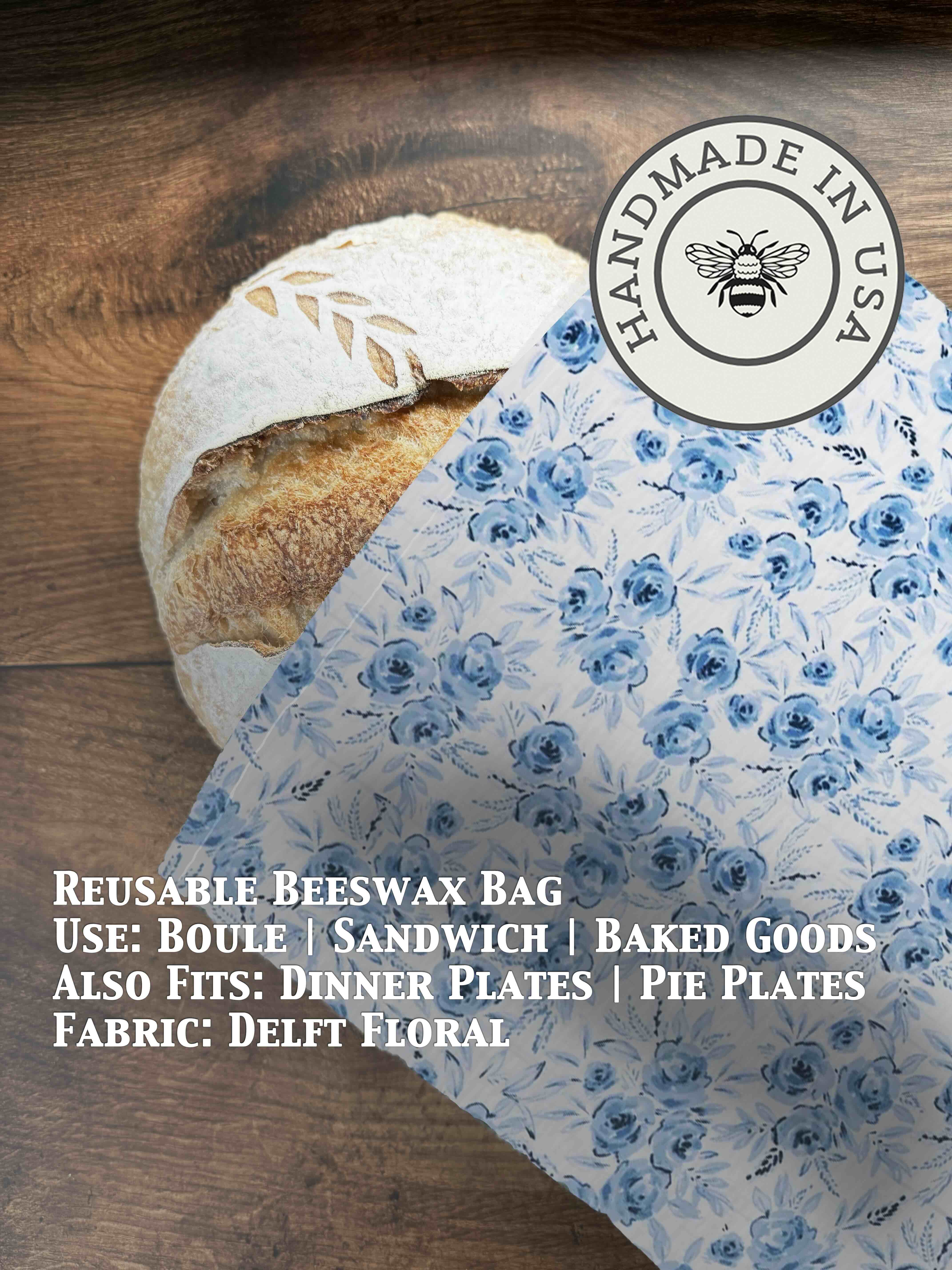 Beeswaxed bread bag from Five Oaks Farm with green fabric and natural beeswax coating for fresh bread storage.