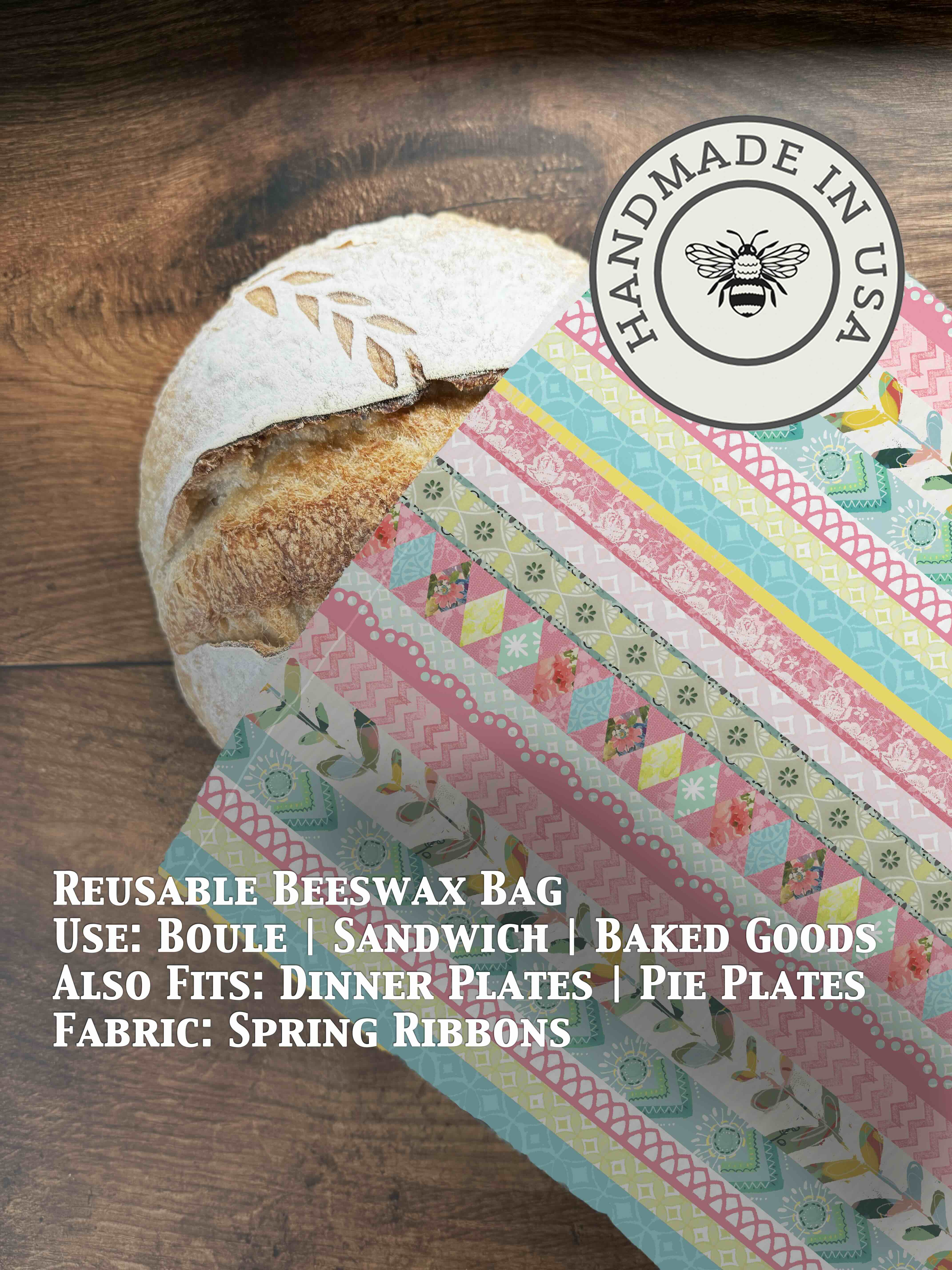 Beeswaxed bread bag from Five Oaks Farm, made of natural fabric, with green beeswax coating for fresh bread storage.