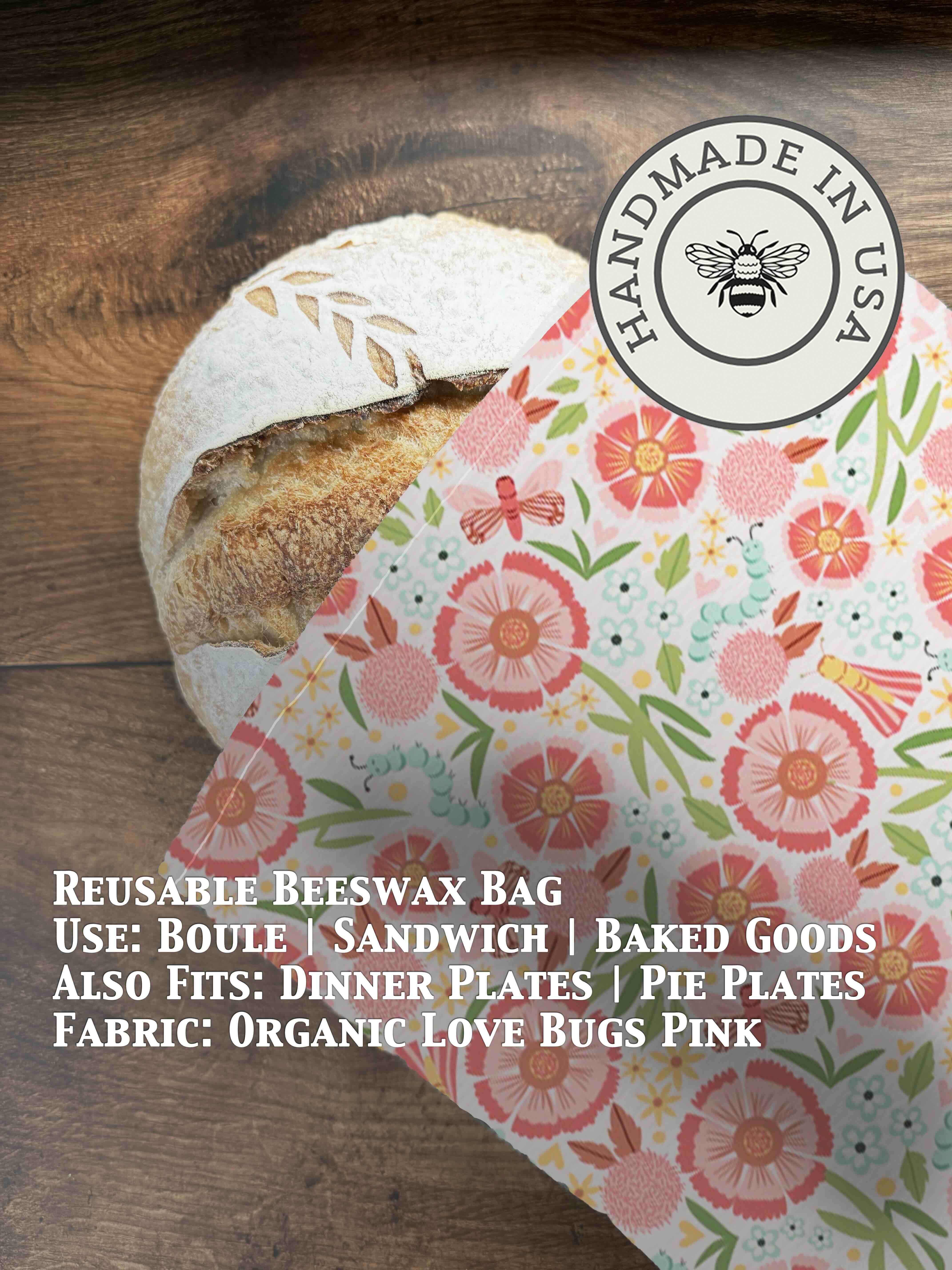 Beeswaxed bread bag from Five Oaks Farm with green fabric, designed for storing fresh bread naturally.