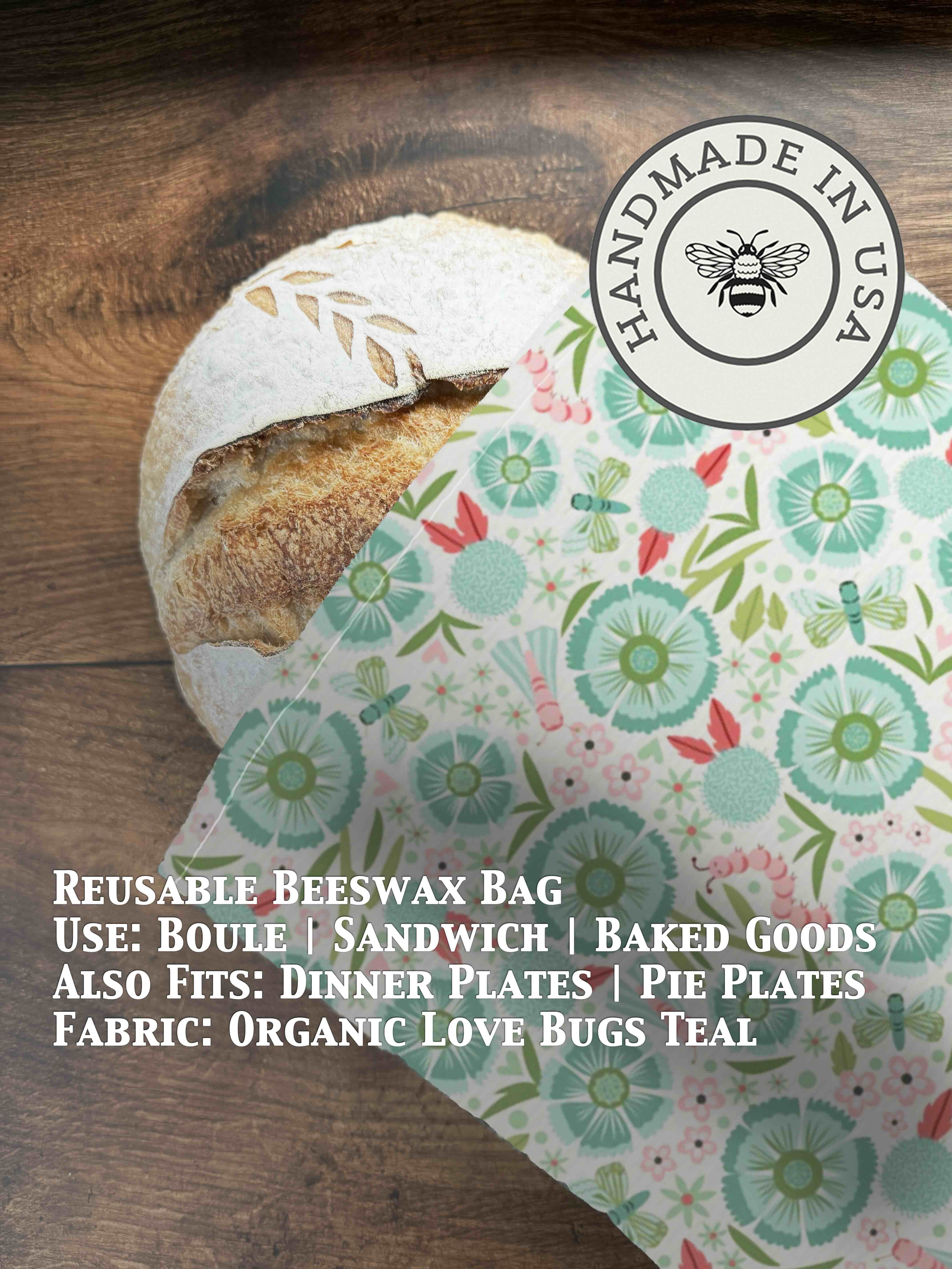 Beeswaxed bread bag from Five Oaks Farm, natural green fabric with beeswax coating, ideal for storing freshly baked bread.