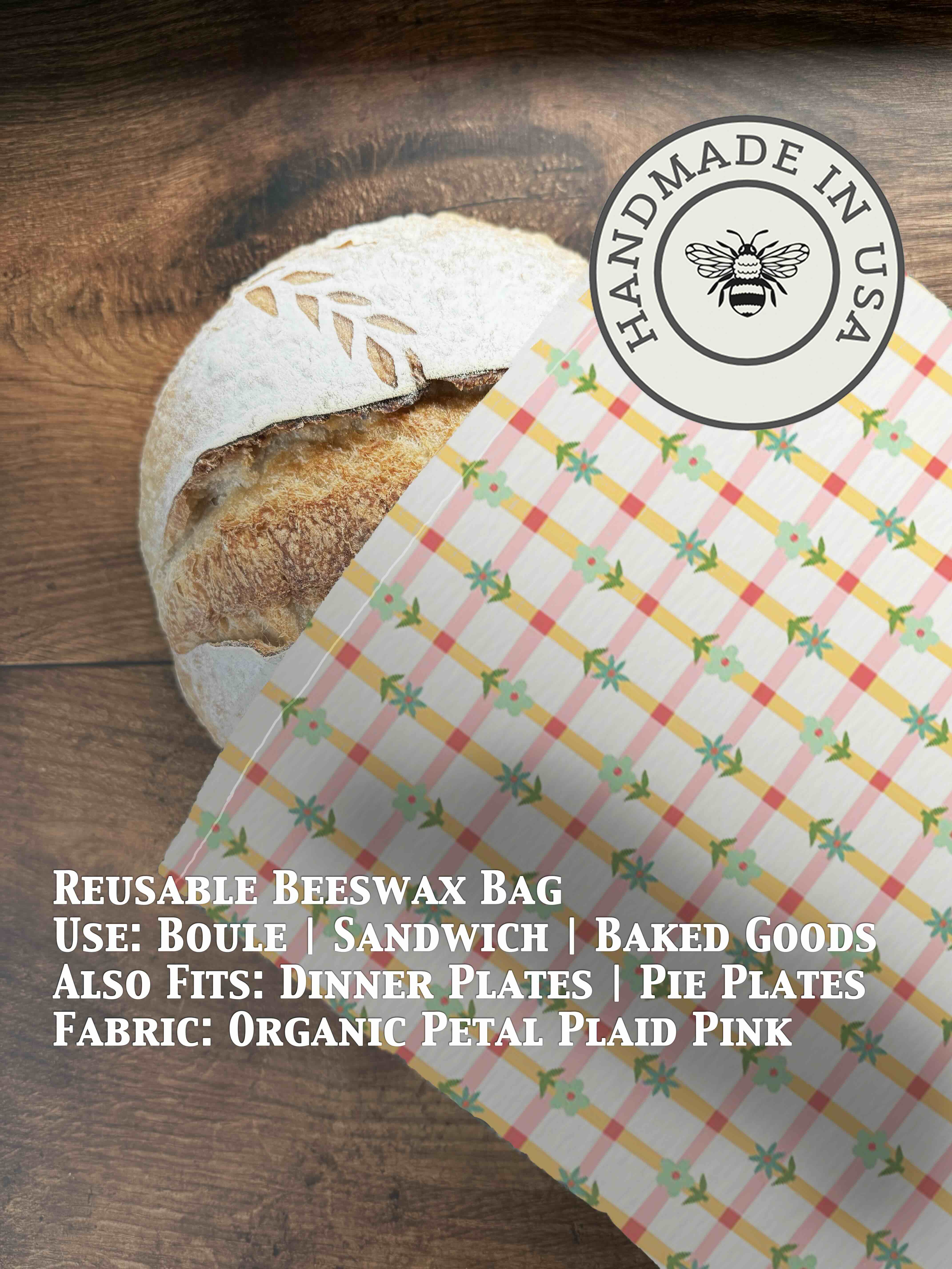Beeswaxed bread bag from Five Oaks Farm featuring green fabric and natural beeswax coating for fresh bread storage.