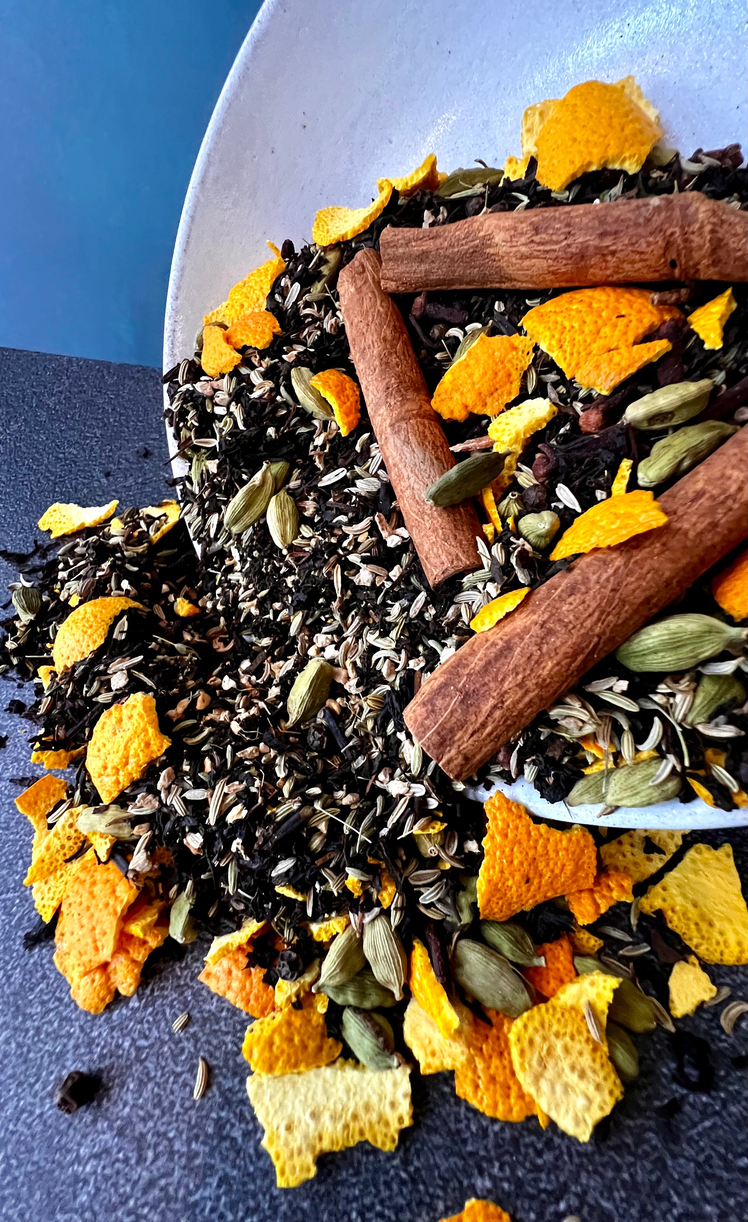 Five Oaks Farm Chai Tea Mix in a jar, featuring a blend of spices and tea leaves for a warm, aromatic beverage.