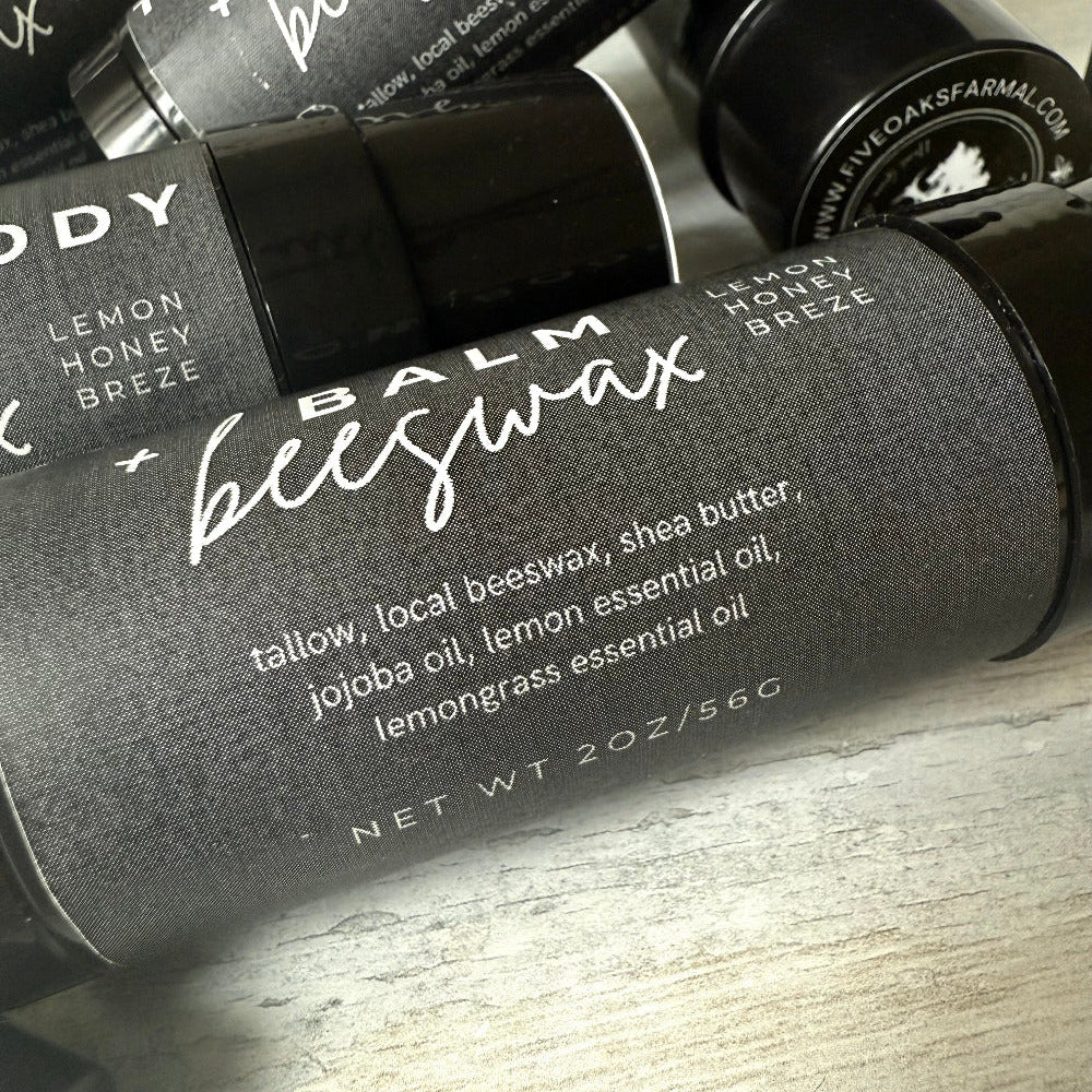 Creamy Tallow Body Balm from Five Oaks Farm, featuring a natural, nourishing skincare product in a jar with a rustic label.