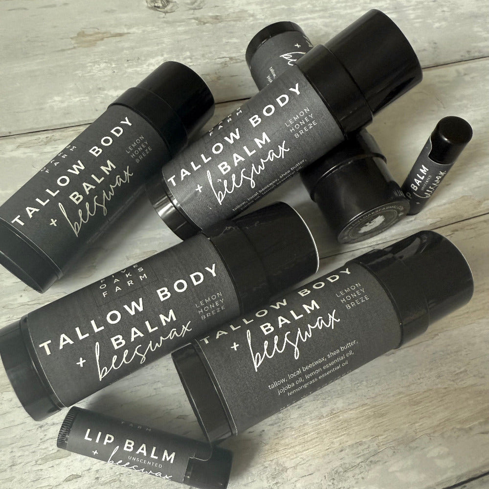 Rich Tallow Body Balm from Five Oaks Farm, natural skincare product with a soothing, creamy texture and farm-fresh ingredients.