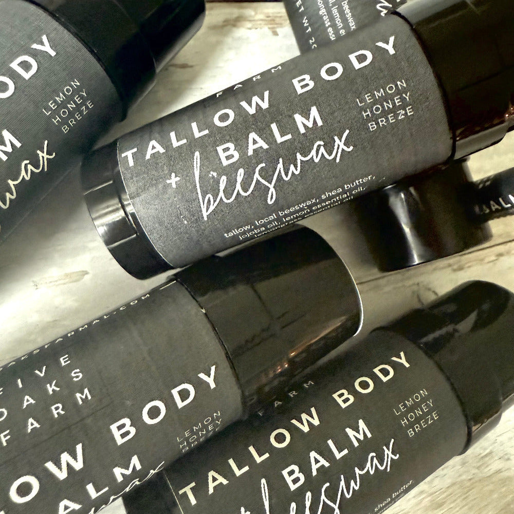 Five Oaks Farm Tallow Body Balm in a jar, natural skincare product with nourishing ingredients from the farm.