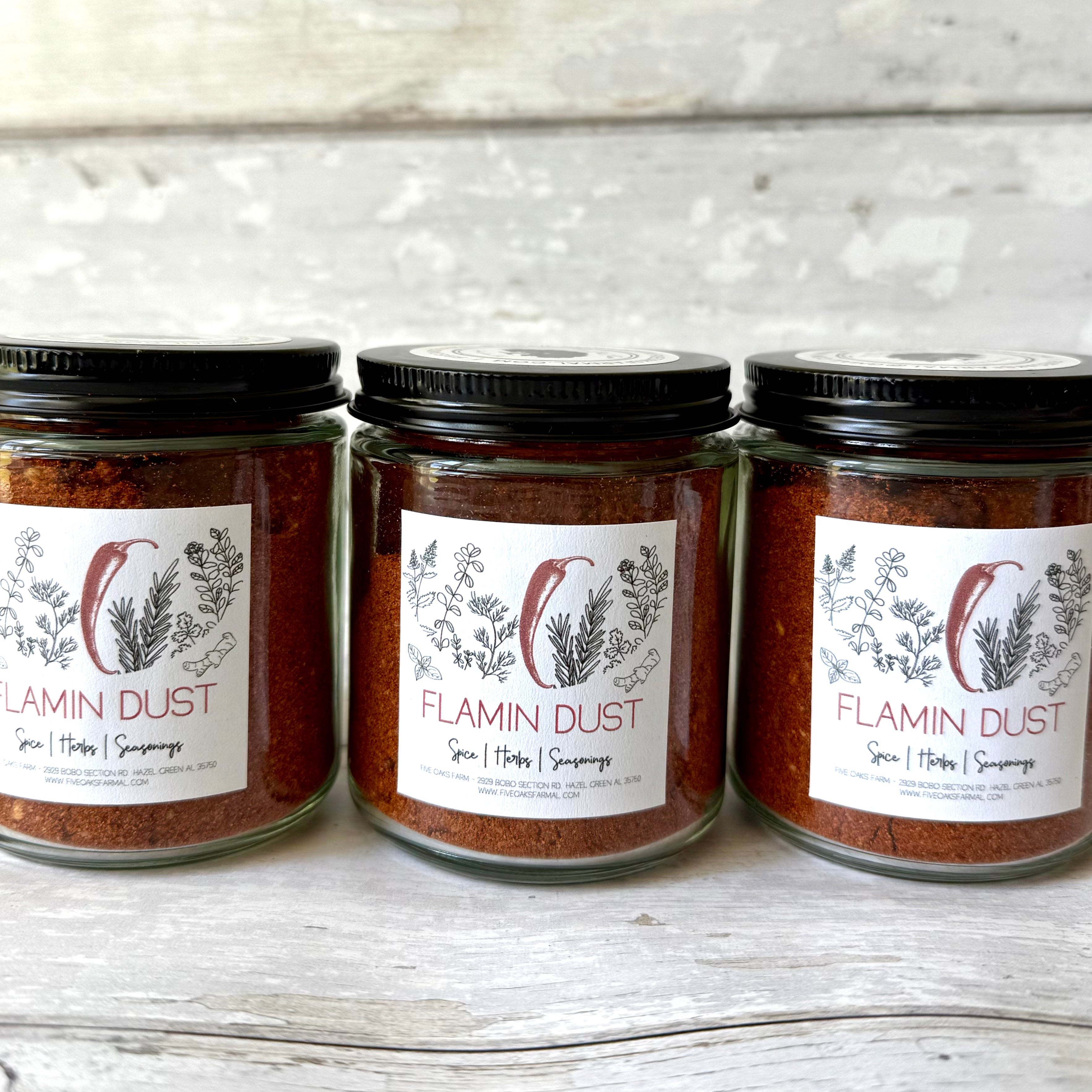 Five Oaks Farm Flavor Dust shaker, natural seasoning from the farm, with colorful powder visible in the image.