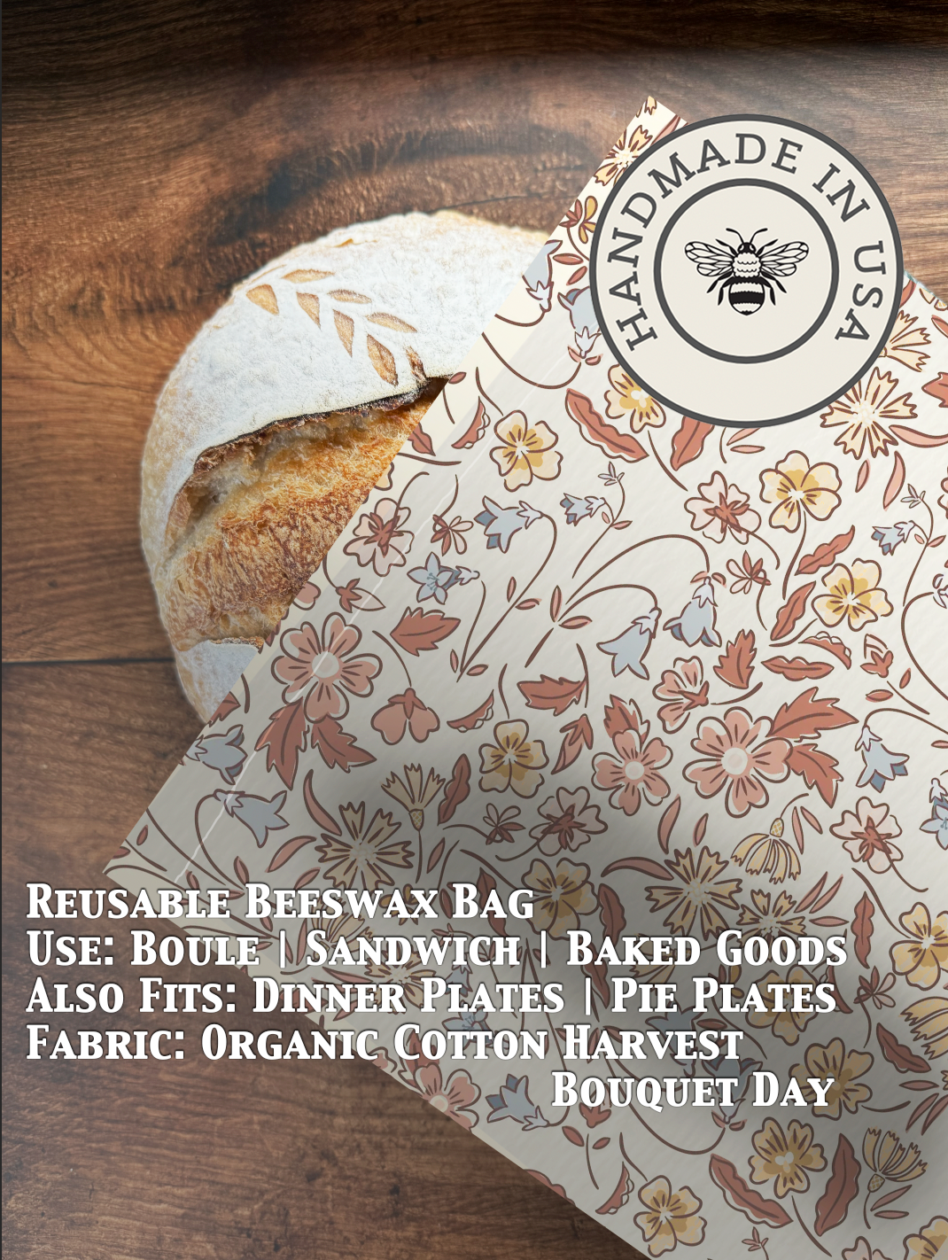 Organic cotton bread bag from Five Oaks Farm with beeswax coating, designed to store and keep bread fresh naturally.