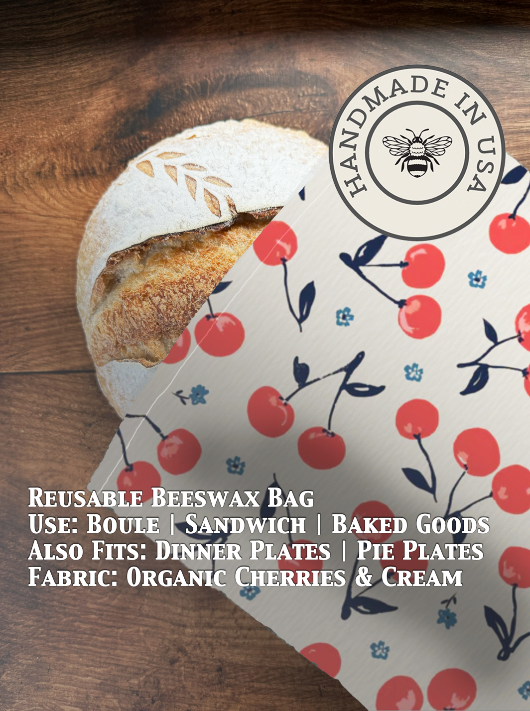 Beeswaxed bread bag from Five Oaks Farm, with cherries and cream illustration, ideal for storing fresh bread naturally.