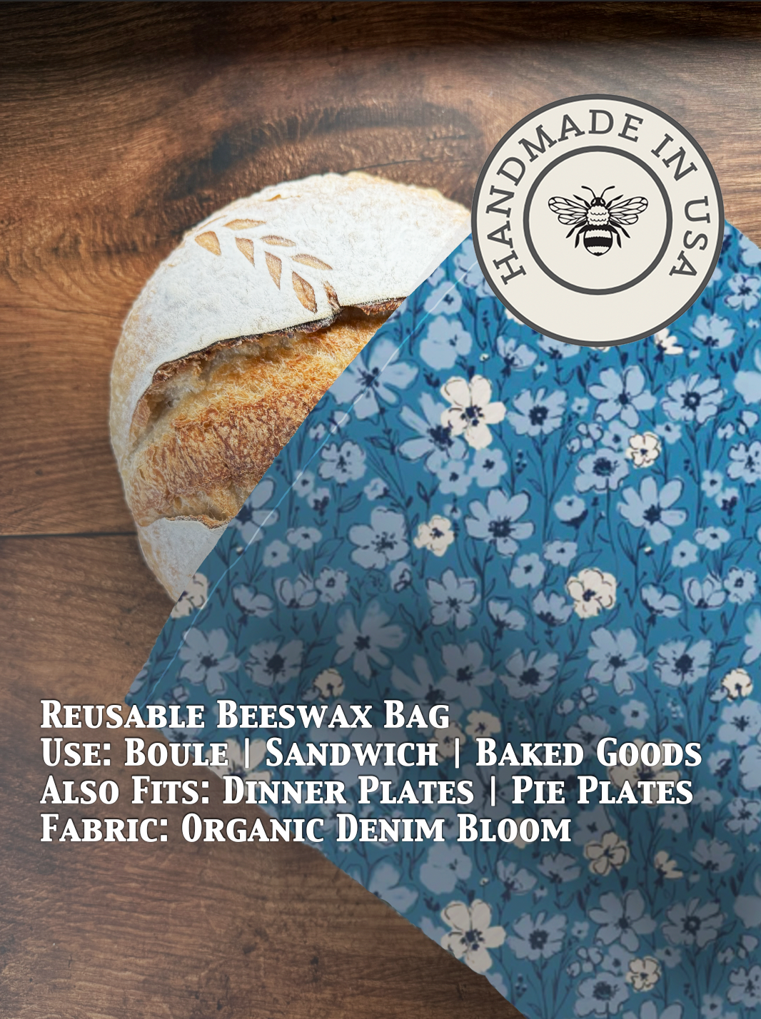 Denim beeswaxed bread bag from Five Oaks Farm, natural farm-to-table style bag for storing bread, featuring a denim fabric design.