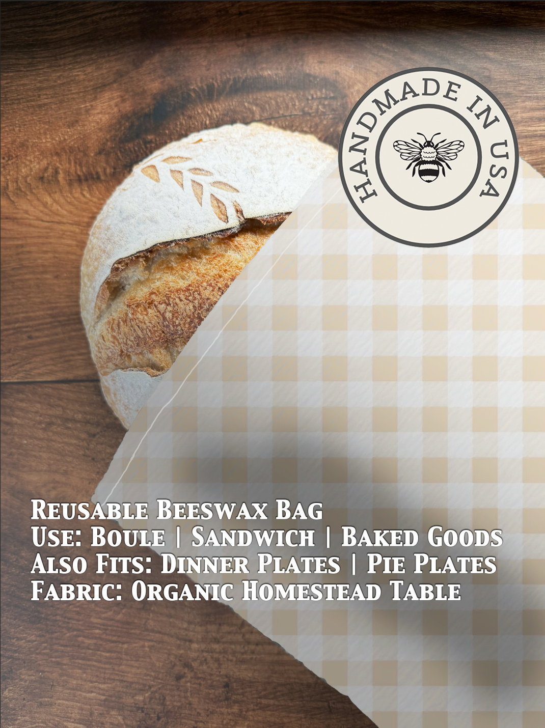 Homestead table with beeswaxed bread bag from Five Oaks Farm, showcasing natural fabric and rustic farm style.