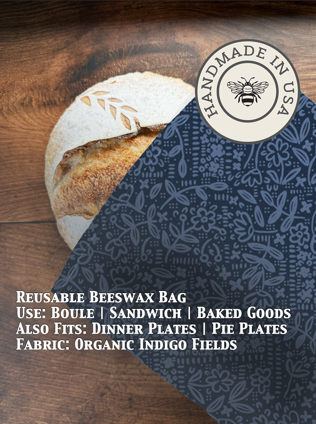 Indigo-colored beeswaxed bread bag from Five Oaks Farm, made from natural fabric, designed for storing fresh bread.