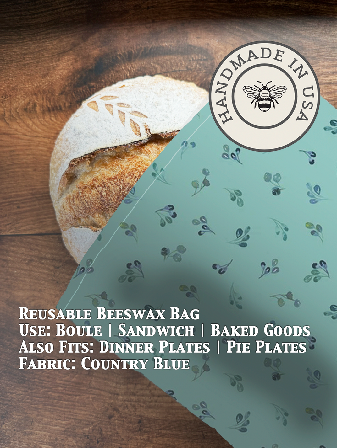 Blue beeswaxed bread bag from Five Oaks Farm with country-style design, ideal for storing fresh bread naturally.