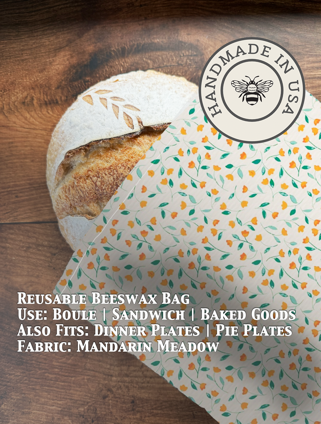 Beeswaxed bread bag from Five Oaks Farm, made of natural fabric, with a charming beeswax coating, ideal for storing fresh bread.