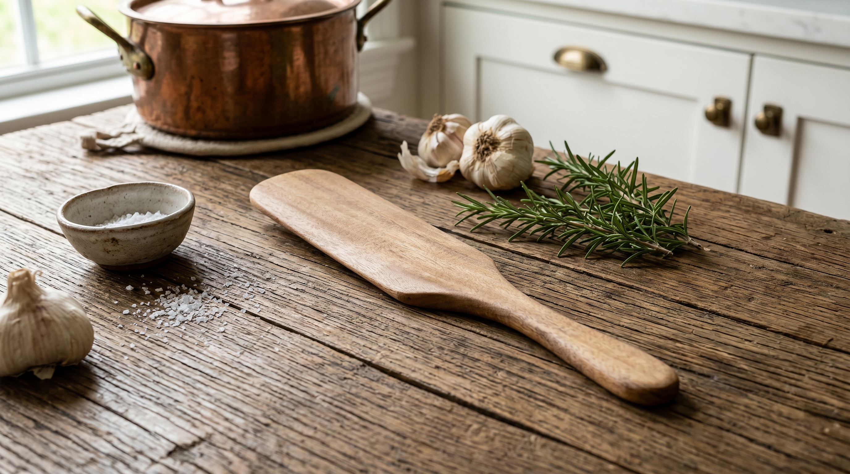 Wide 11-inch Spurtle from Five Oaks Farm, a traditional wooden stirring tool for cooking and baking.