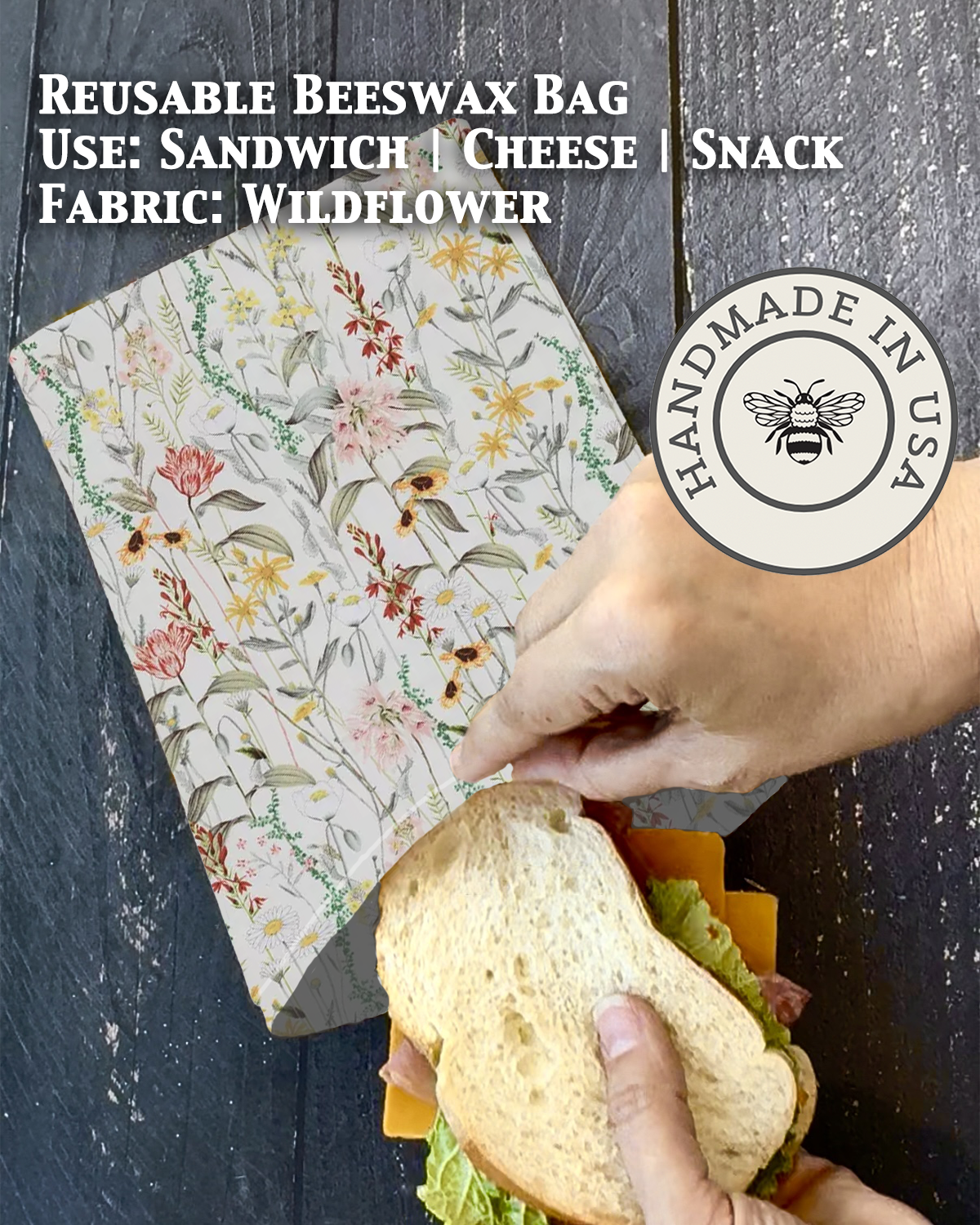 Five Oaks Farm beeswaxed snack bag with floral design, eco-friendly reusable bag perfect for snacks and storage.