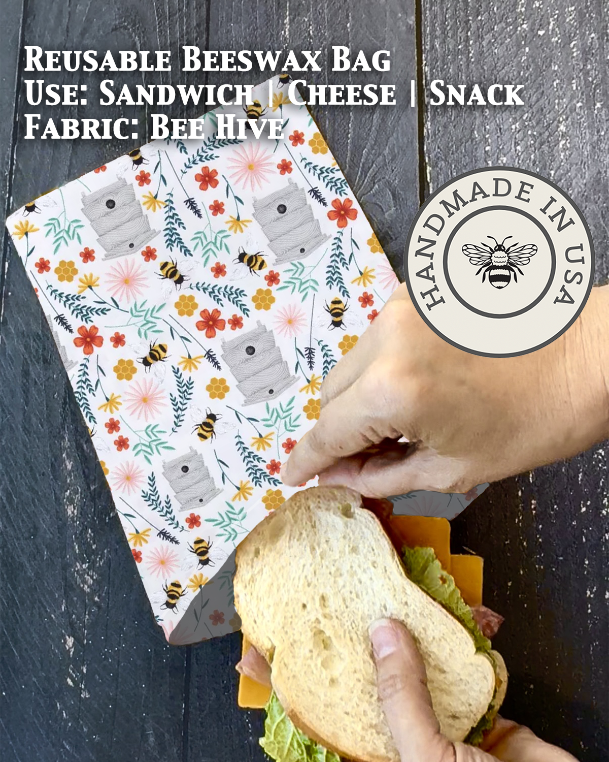 Beeswaxed snack bag from Five Oaks Farm, made from natural beeswax with floral design, eco-friendly food storage solution.