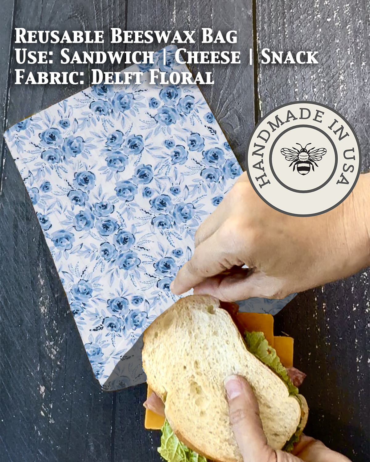 Beeswaxed snack bag from Five Oaks Farm with floral design, eco-friendly reusable storage for snacks or small items.