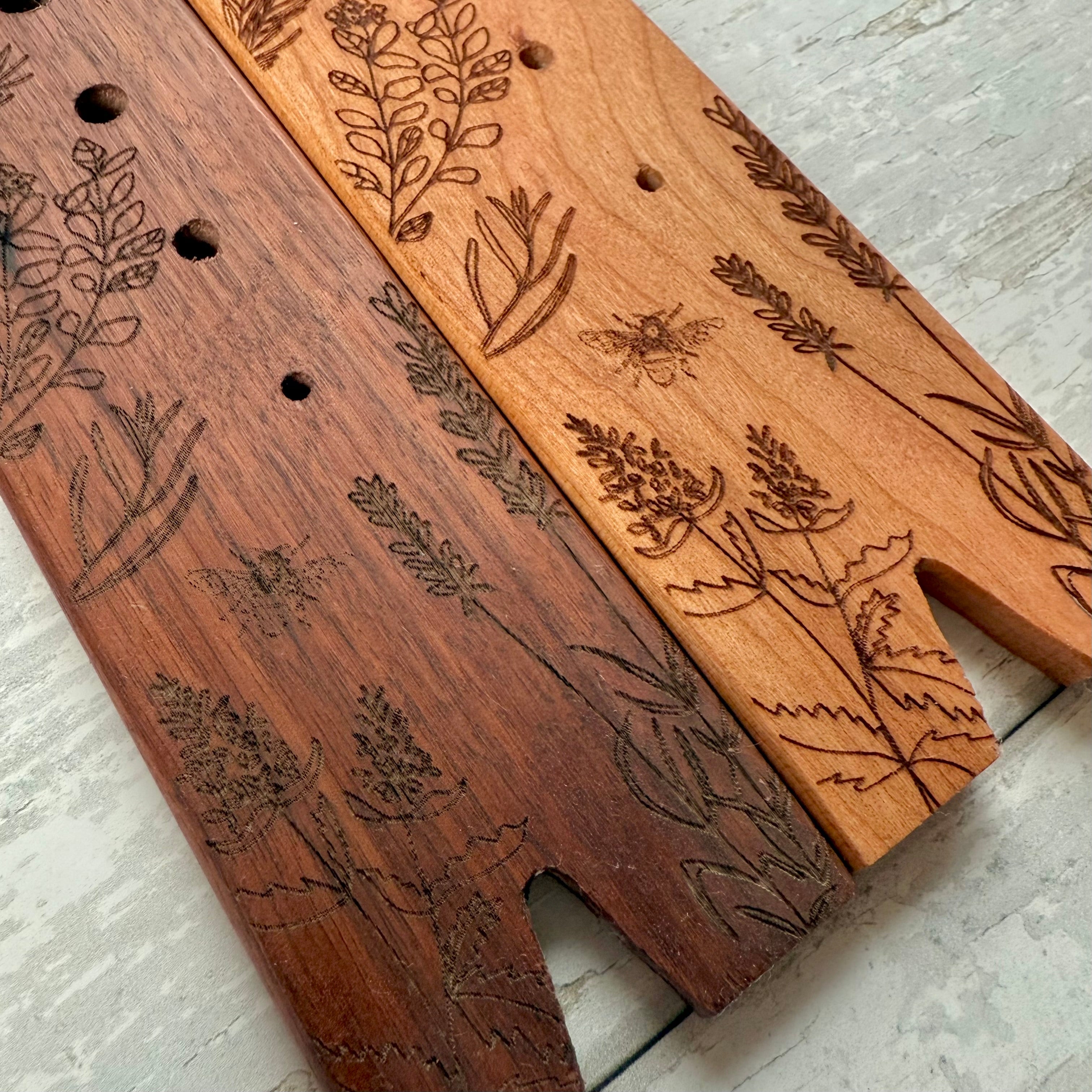 Walnut herb stripper by Five Oaks Farm with multiple blade slots for quickly removing herbs from stems.