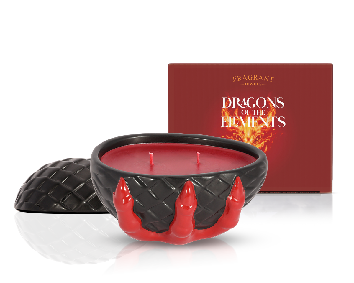 Fire Dragon Jewel Candle by Fragrant Jewels featuring a detailed dragon design on a ringless candle for decorative use.