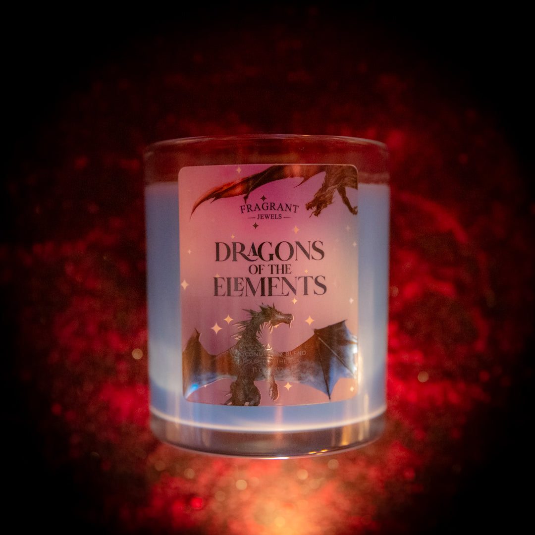 Fire Dragon Jewel Candle by Fragrant Jewels featuring a glass container with a detailed fire dragon design, ringless style.