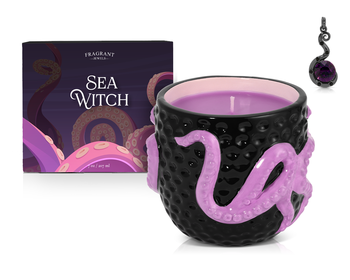 Sea Witch Jewel Candle by Fragrant Jewels, ceramic pendant with rhodium plating, featuring a mystical sea-inspired design.