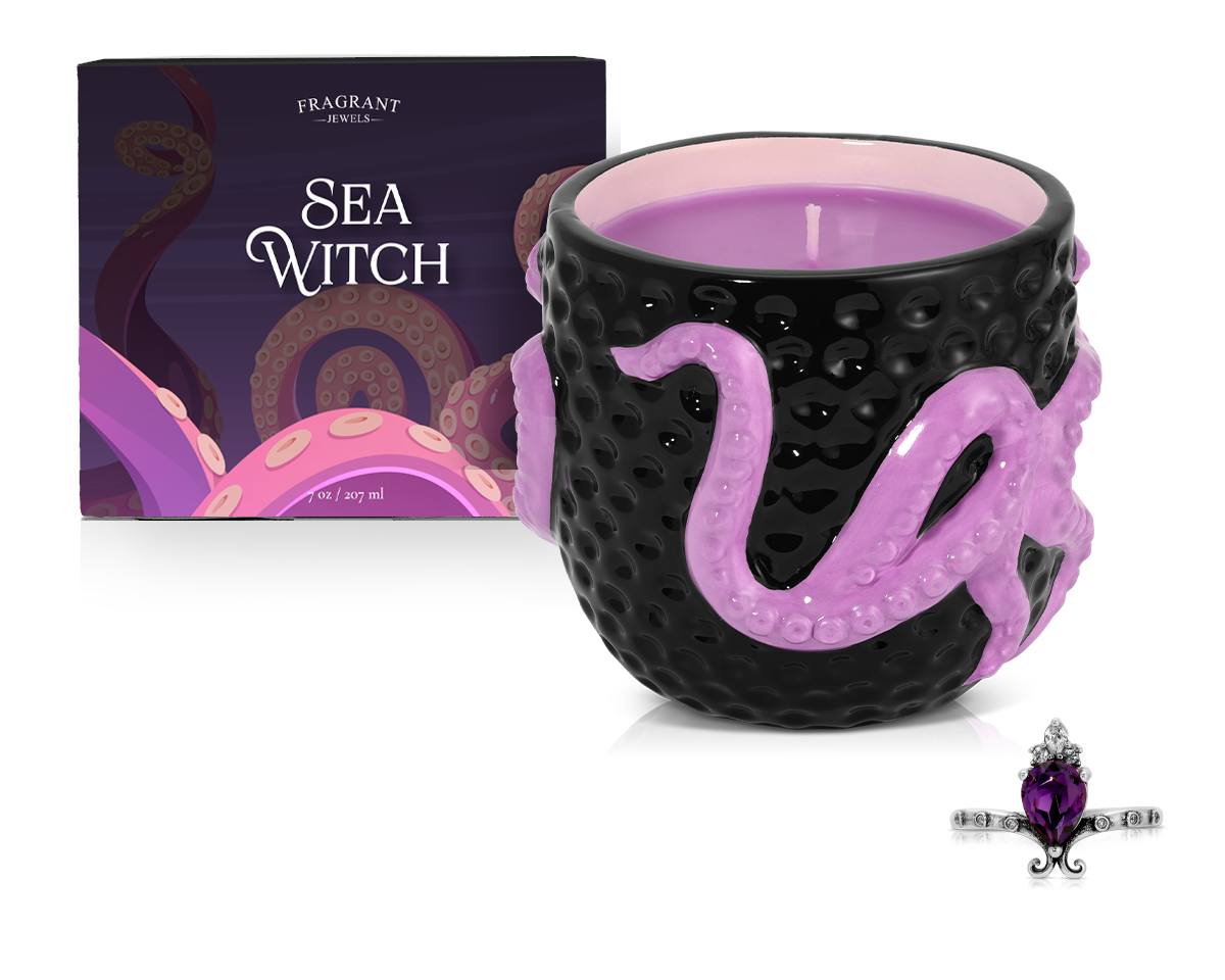 Sea Witch Jewel Candle by Fragrant Jewels, ceramic pendant with rhodium plating, featuring a mystical sea witch design.