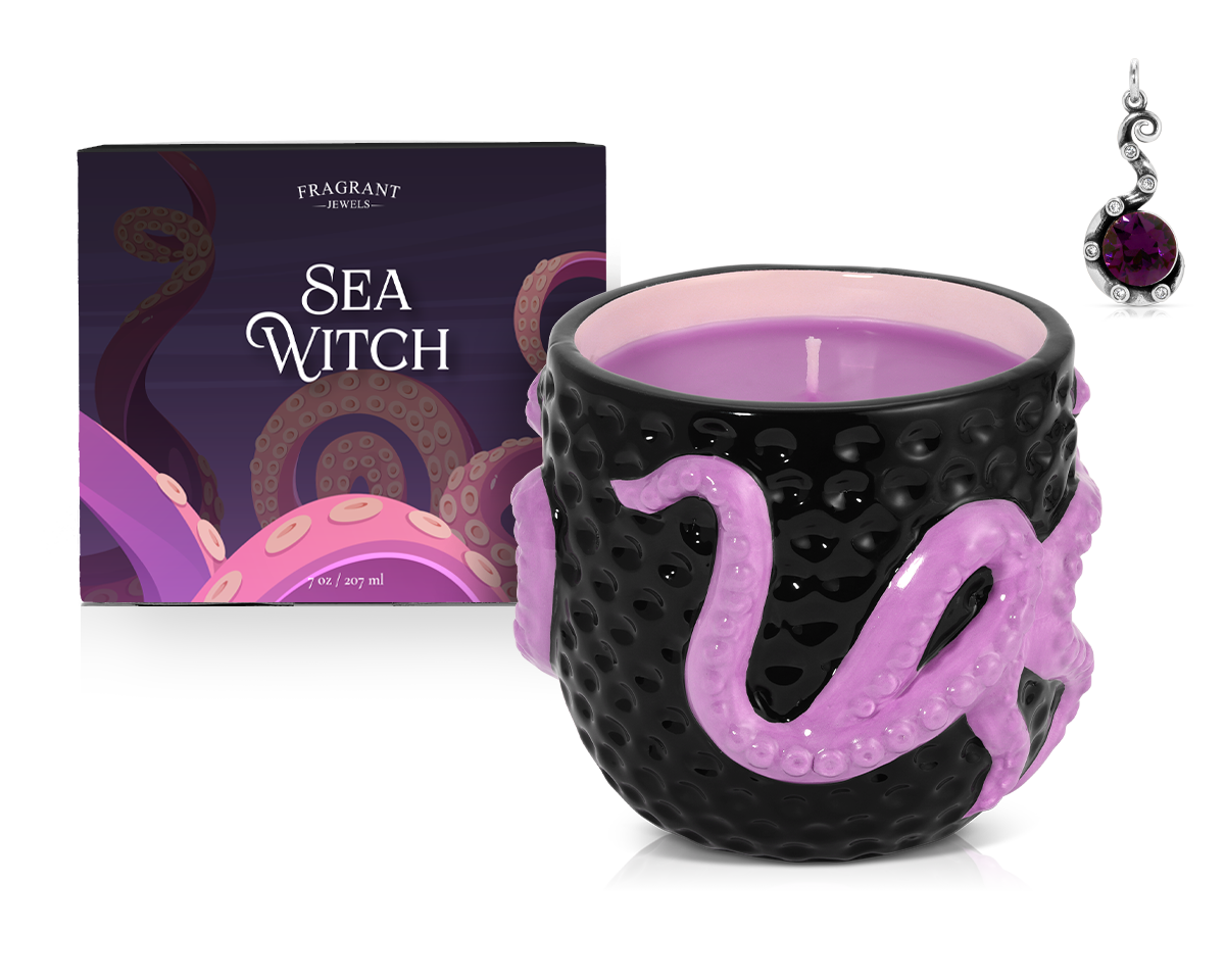 Sea Witch Jewel Candle by Fragrant Jewels, rhodium-plated ceramic pendant with intricate sea-themed design.